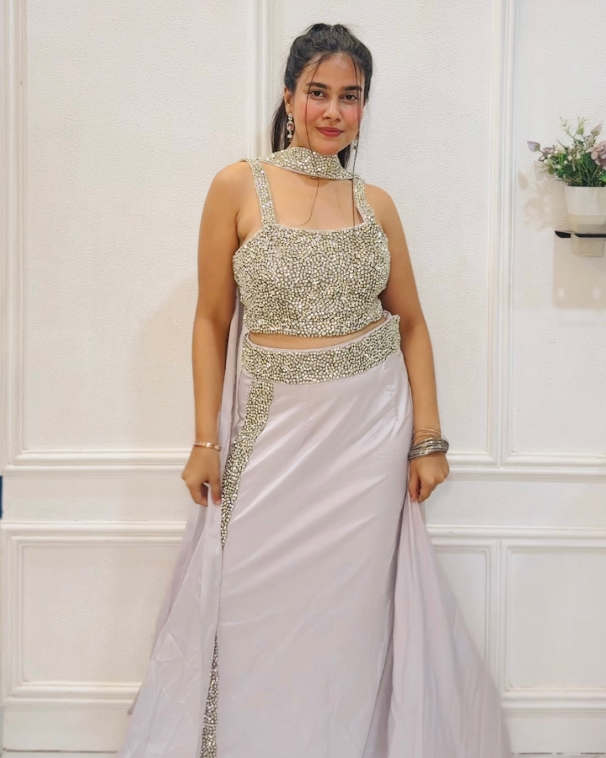 Silver Embellished Draped Skirt Set | Wedding & Party Wear