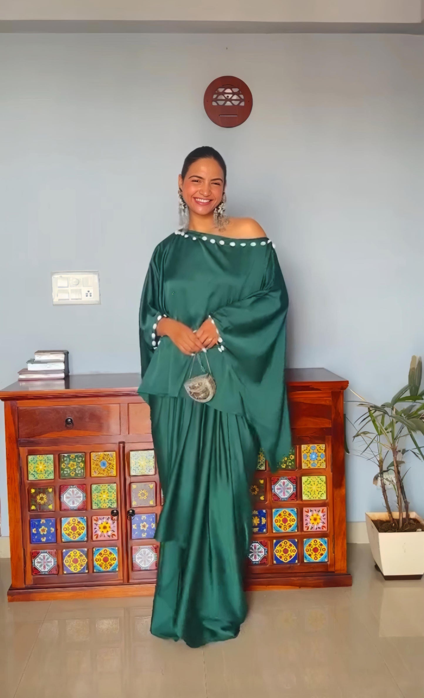 Royal Green Drape Dhoti Skirt With Oversized Shellwork Top