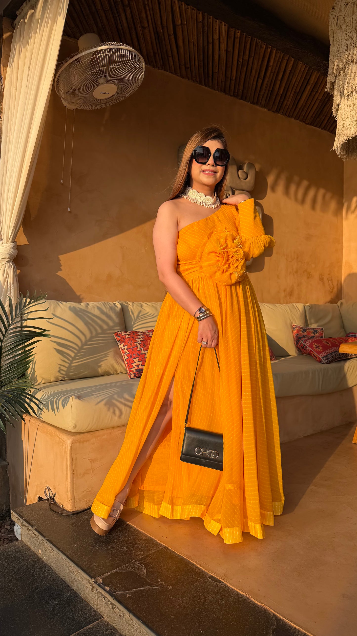 Sun-Kissed Leheriya One-Shoulder Maxi Dress
