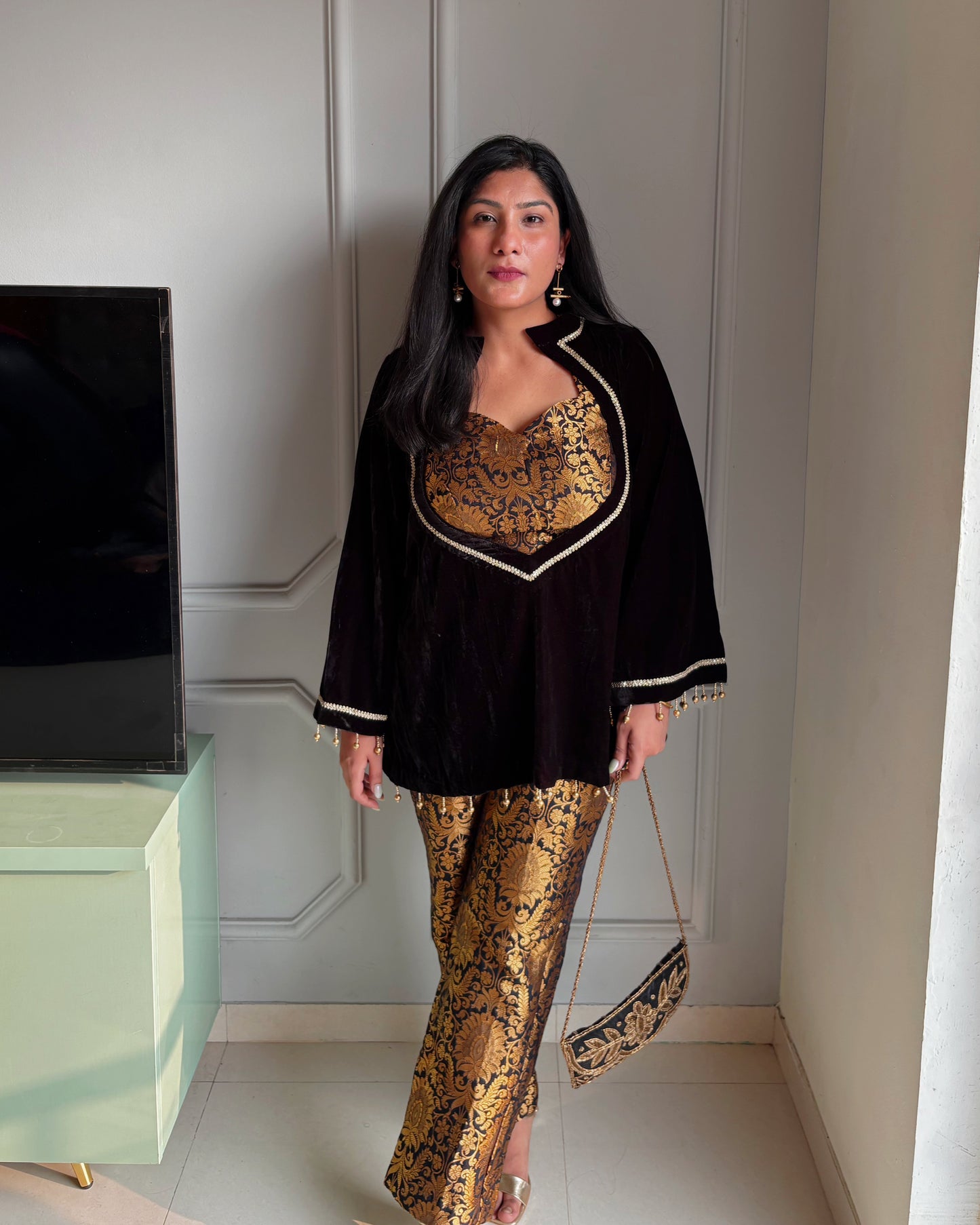 Black & Gold Brocade Kurta Set