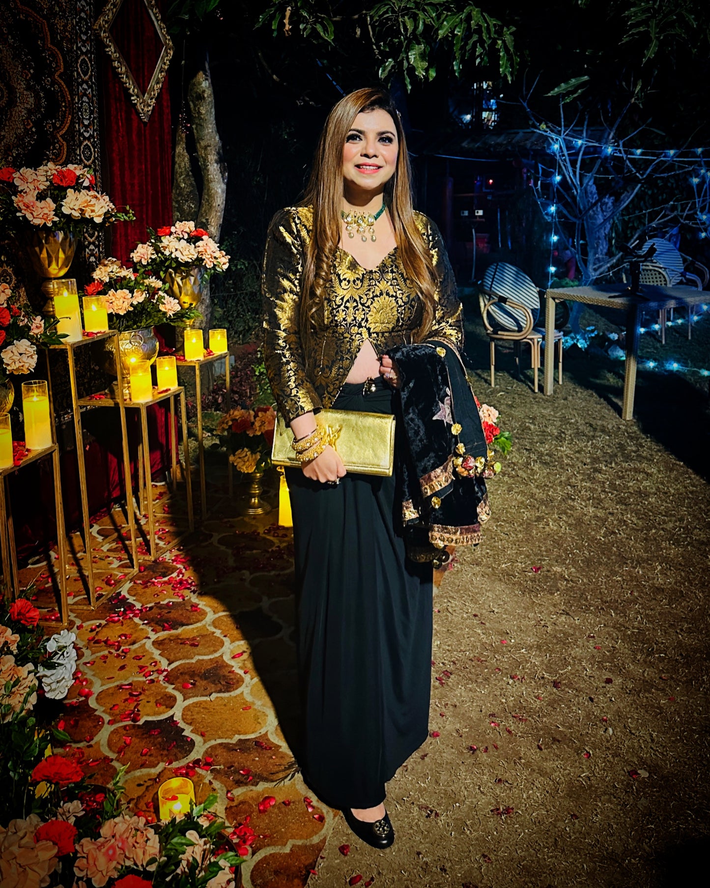 Black & Gold Brocade Co-Ord Set with Drape Skirt