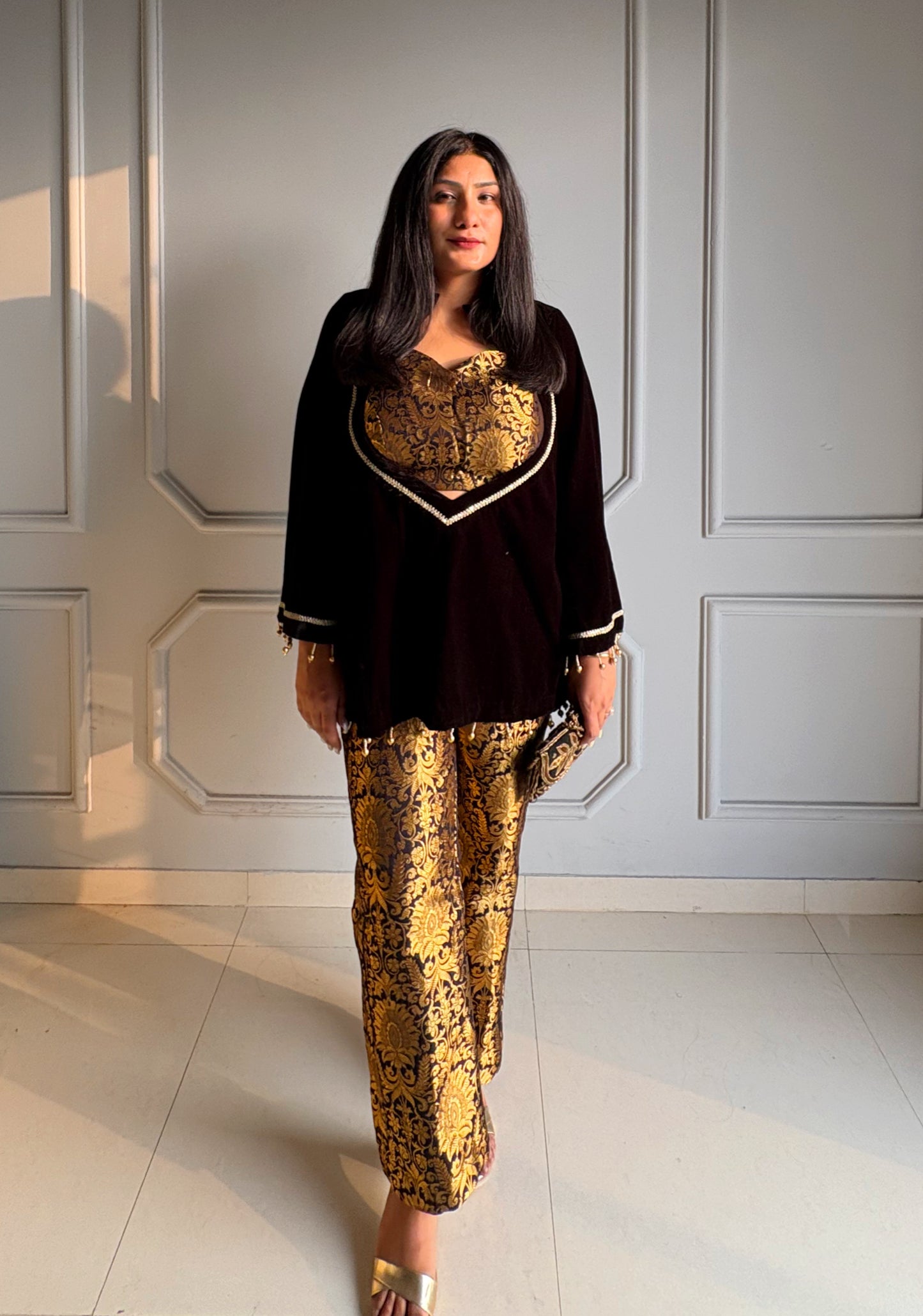 Black & Gold Brocade Kurta Set