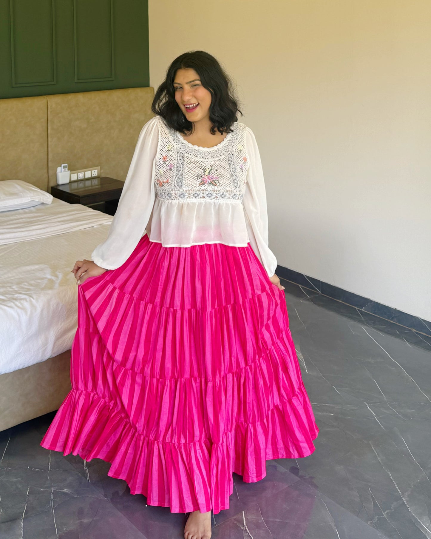 Hot Pink Tiered Flowy Skirt – Statement Cotton Maxi Skirt for Women
