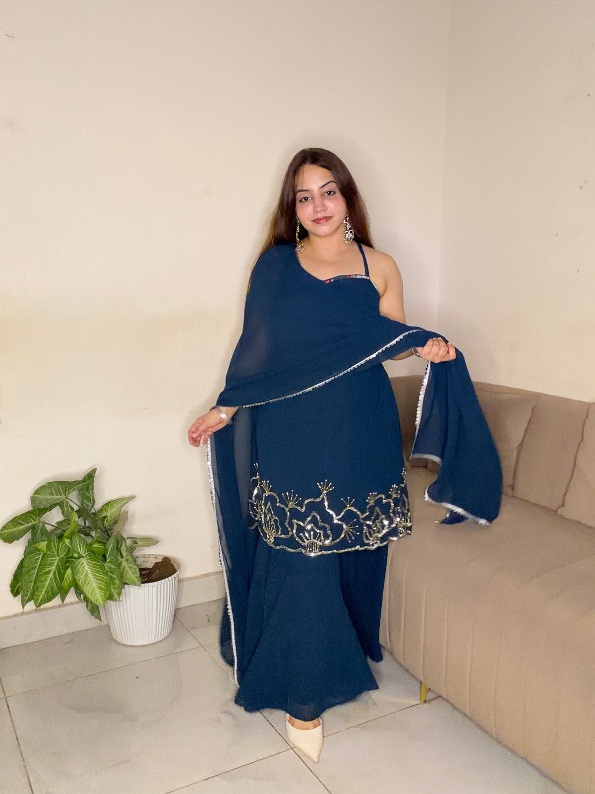 Navy Blue Embroidered Sharara Set