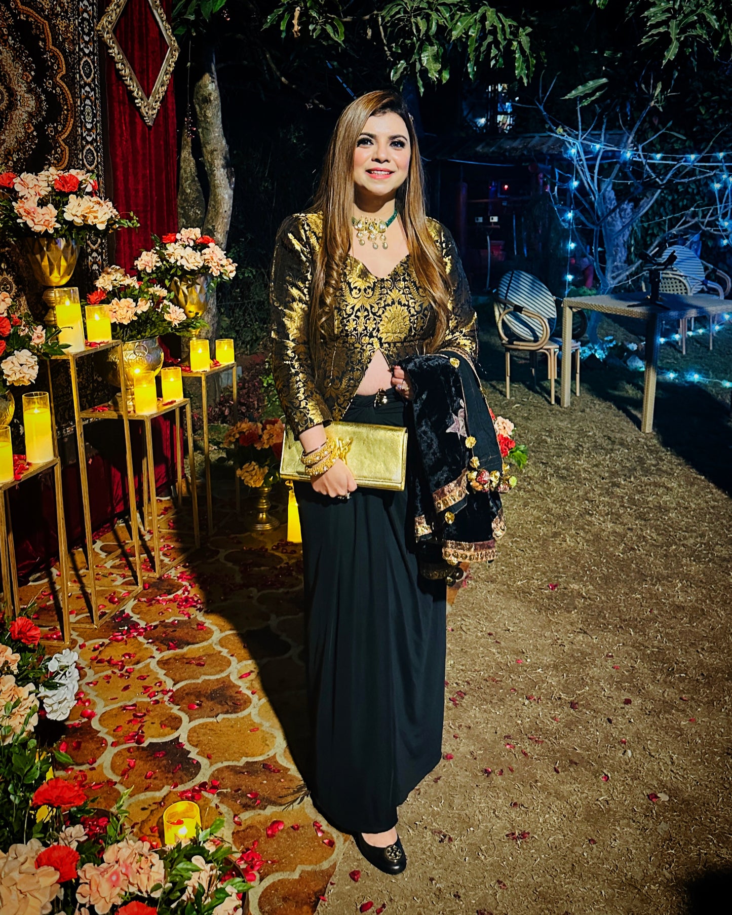 Black & Gold Brocade Co-Ord Set with Drape Skirt