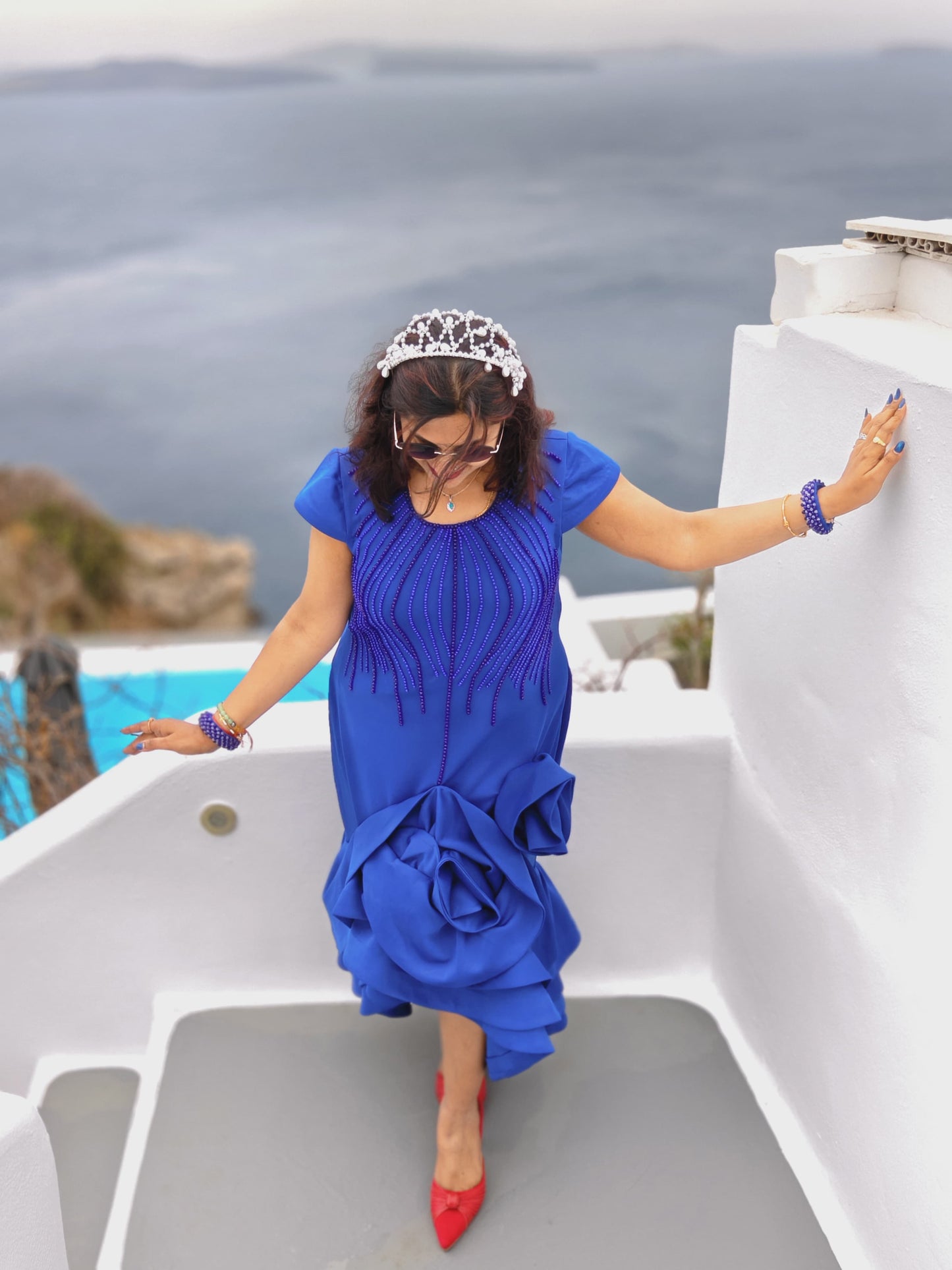 Midnight Cascade Dress | Blue Embellished Ruffle Midi Dress for Women | Statement Party & Vacation Wear