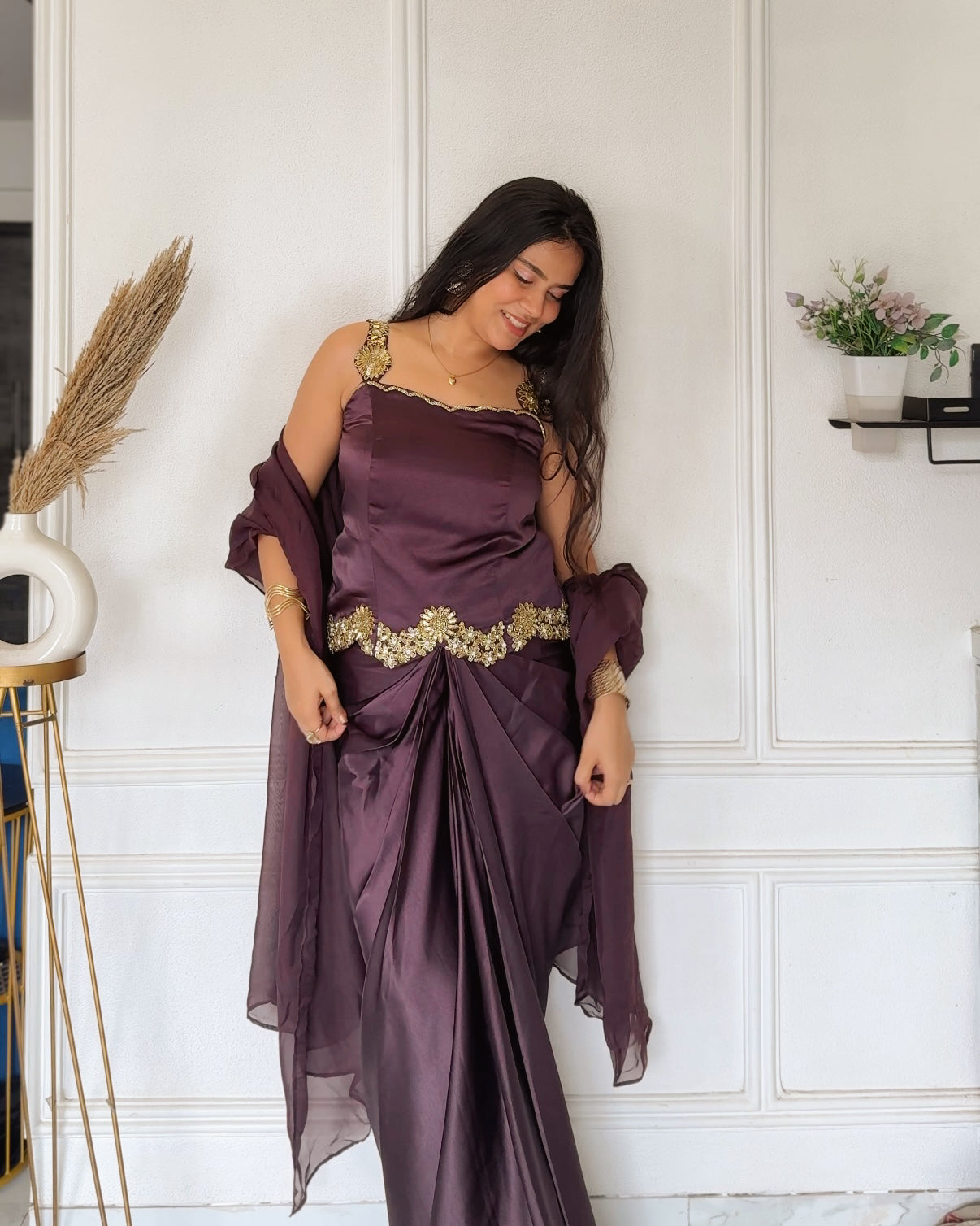 Plum Embroidered Top with Draped Skirt & Organza Dupatta Set