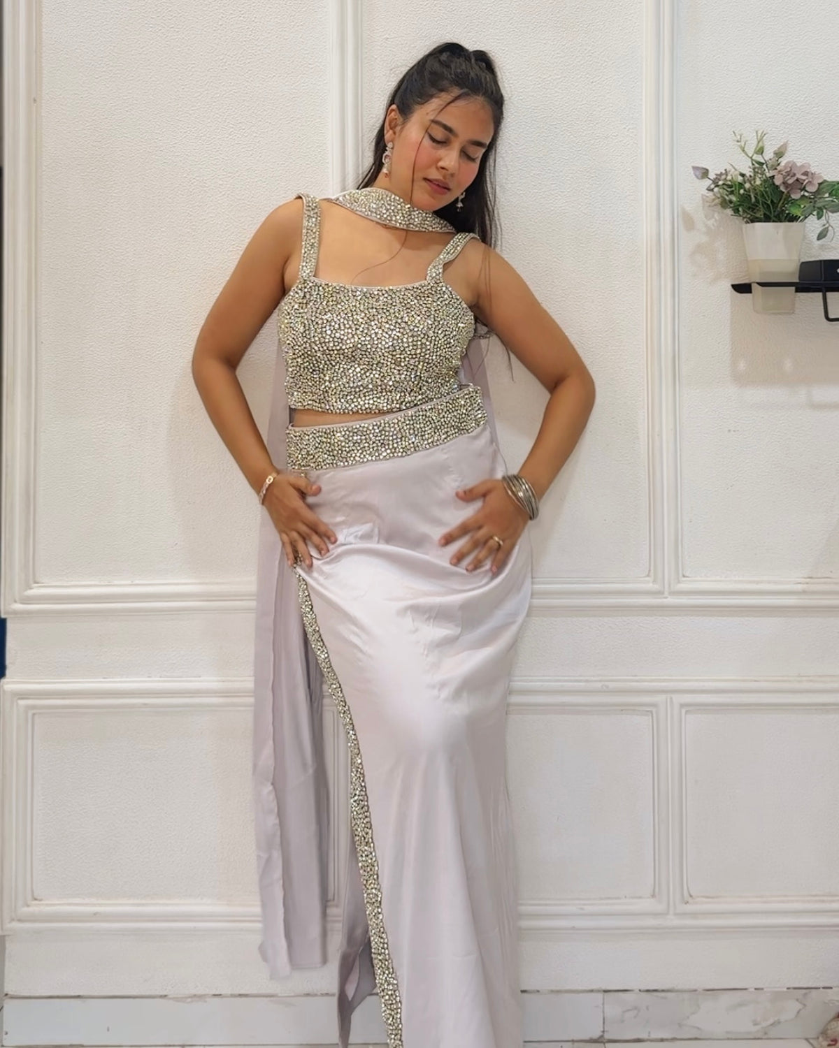 Silver Embellished Draped Skirt Set | Wedding & Party Wear