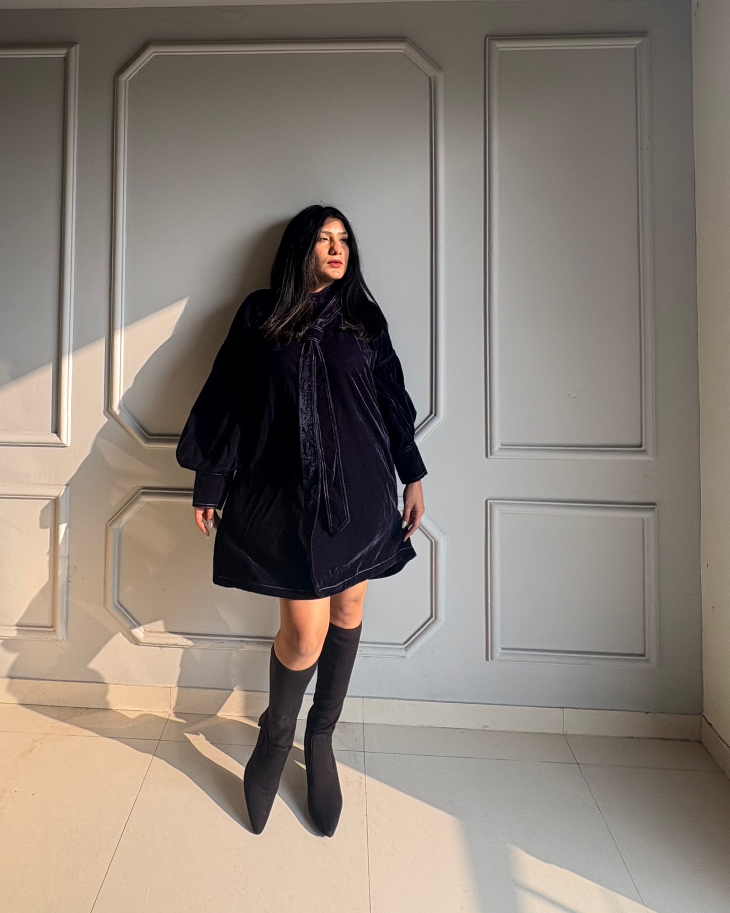 Velvet Tie-Neck Winter Dress for Women