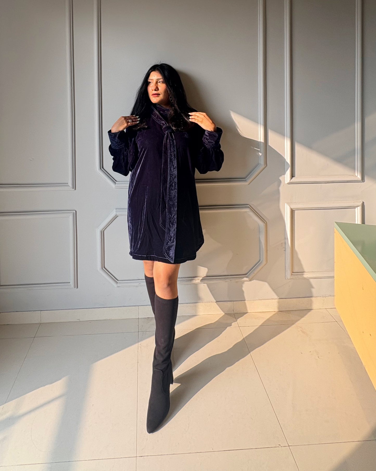 Velvet Tie-Neck Winter Dress for Women