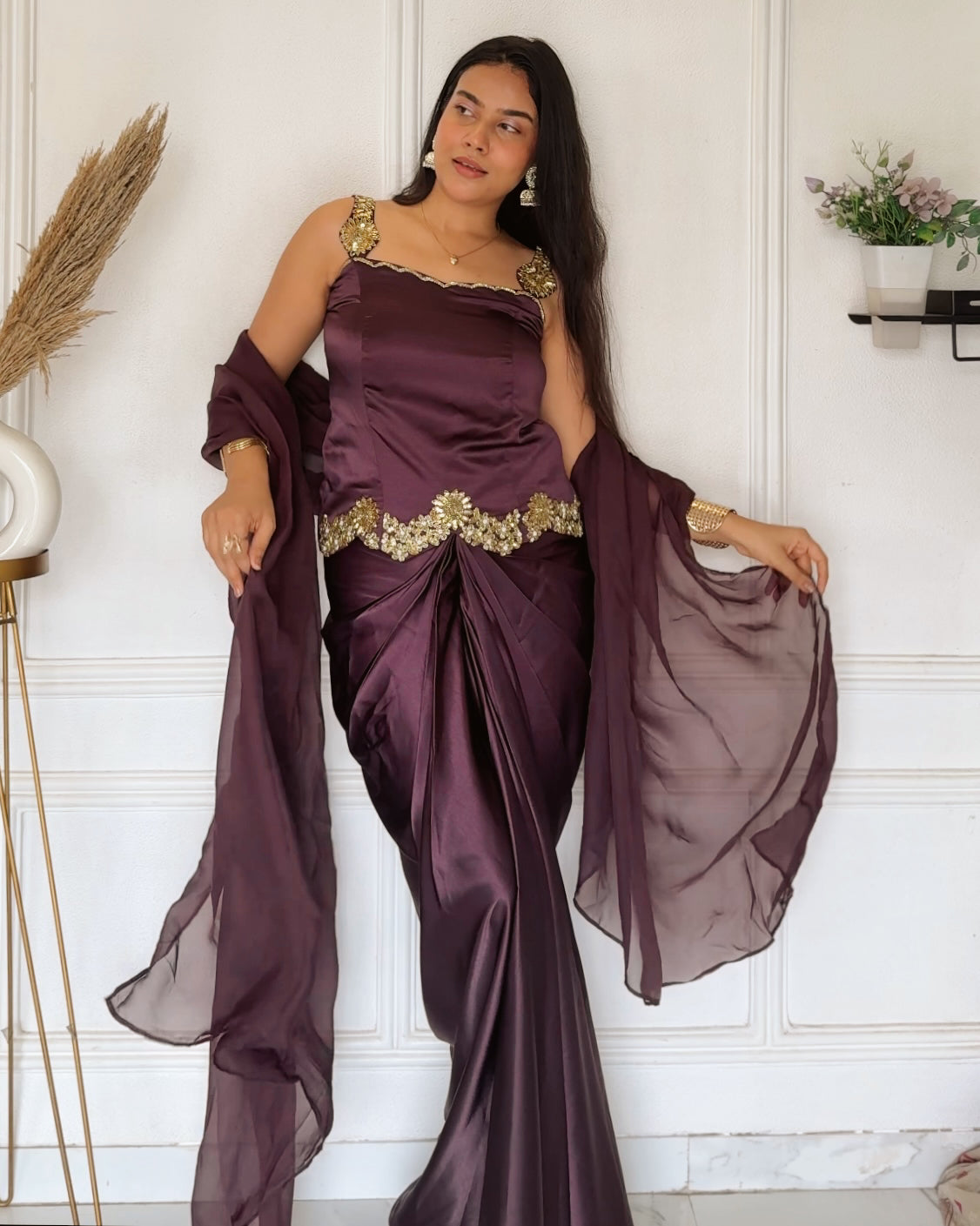 Plum Embroidered Top with Draped Skirt & Organza Dupatta Set