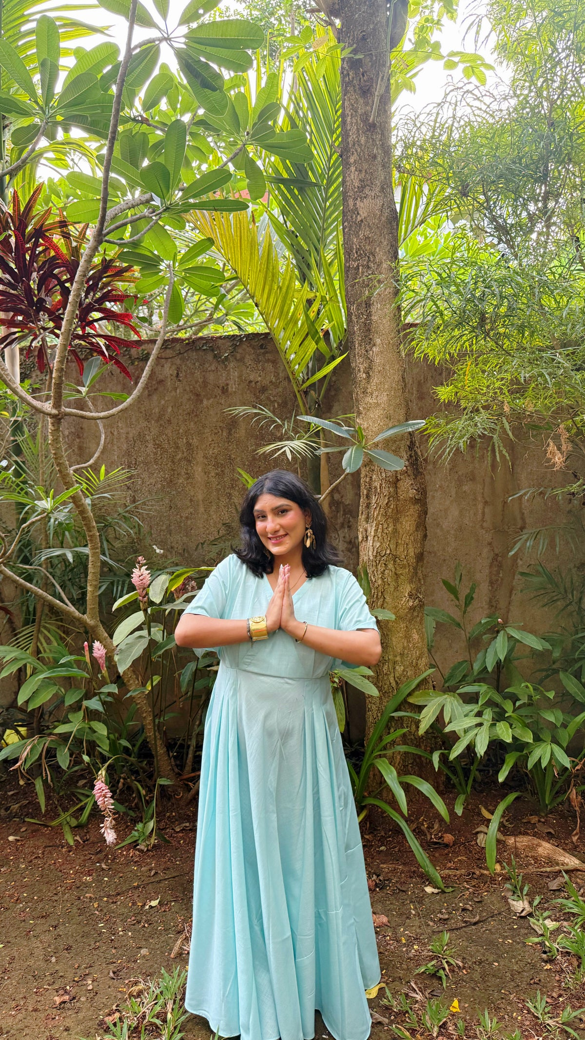 Blue Cotton Maxi Dress for Women | Flowy V-Neck Dress with Short Sleeves
