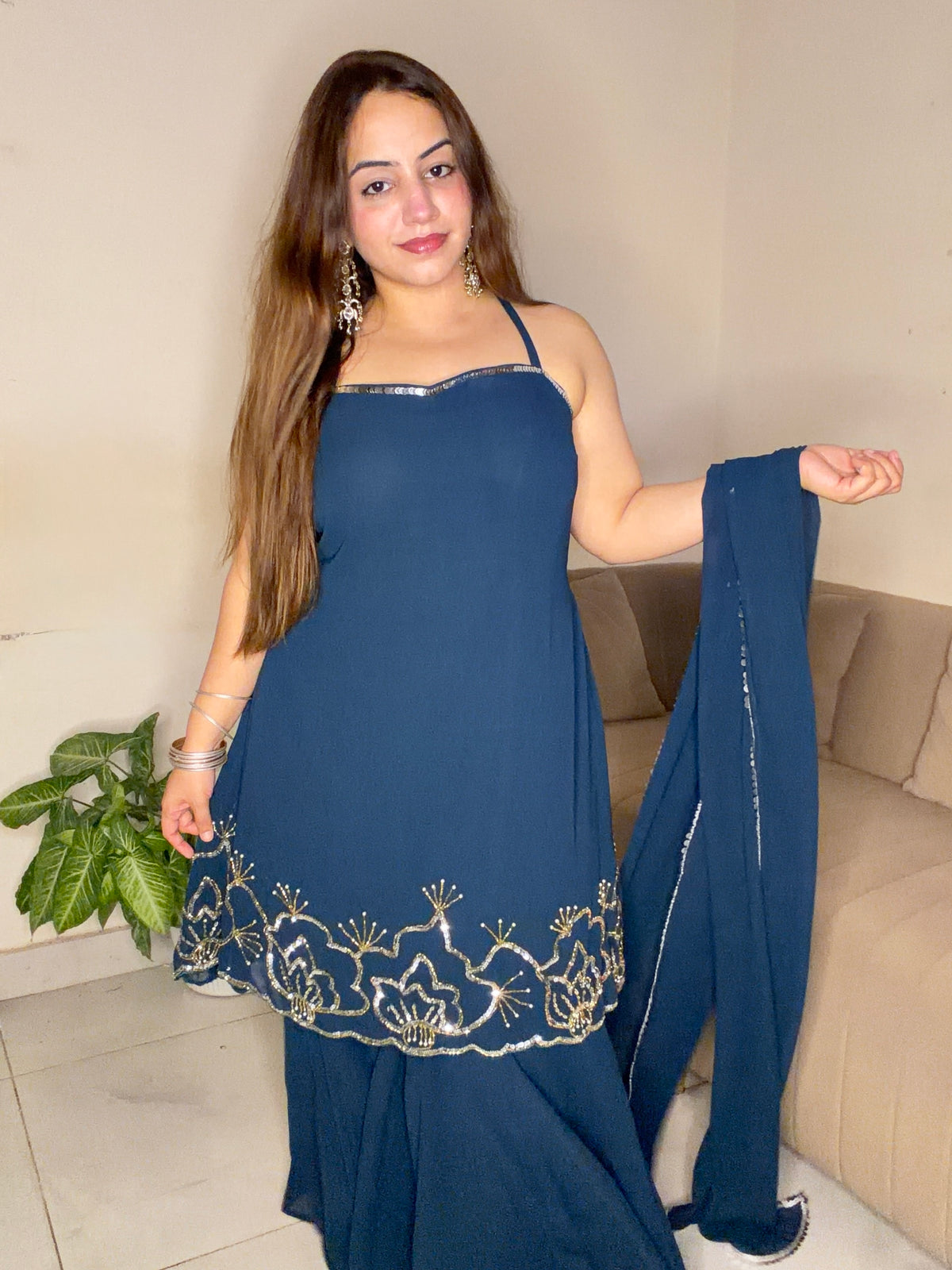 Navy Blue Embroidered Sharara Set