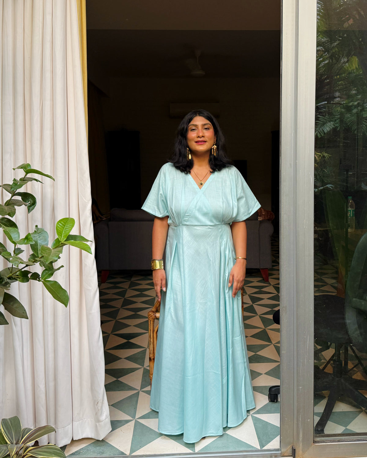 Blue Cotton Maxi Dress for Women | Flowy V-Neck Dress with Short Sleeves