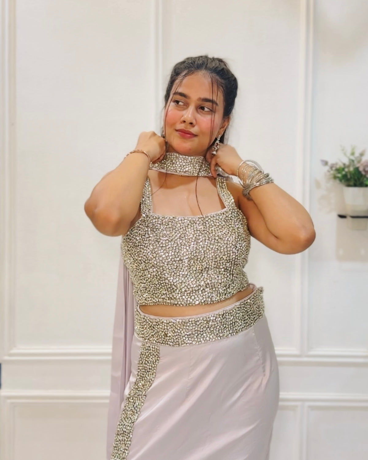 Silver Embellished Draped Skirt Set | Wedding & Party Wear