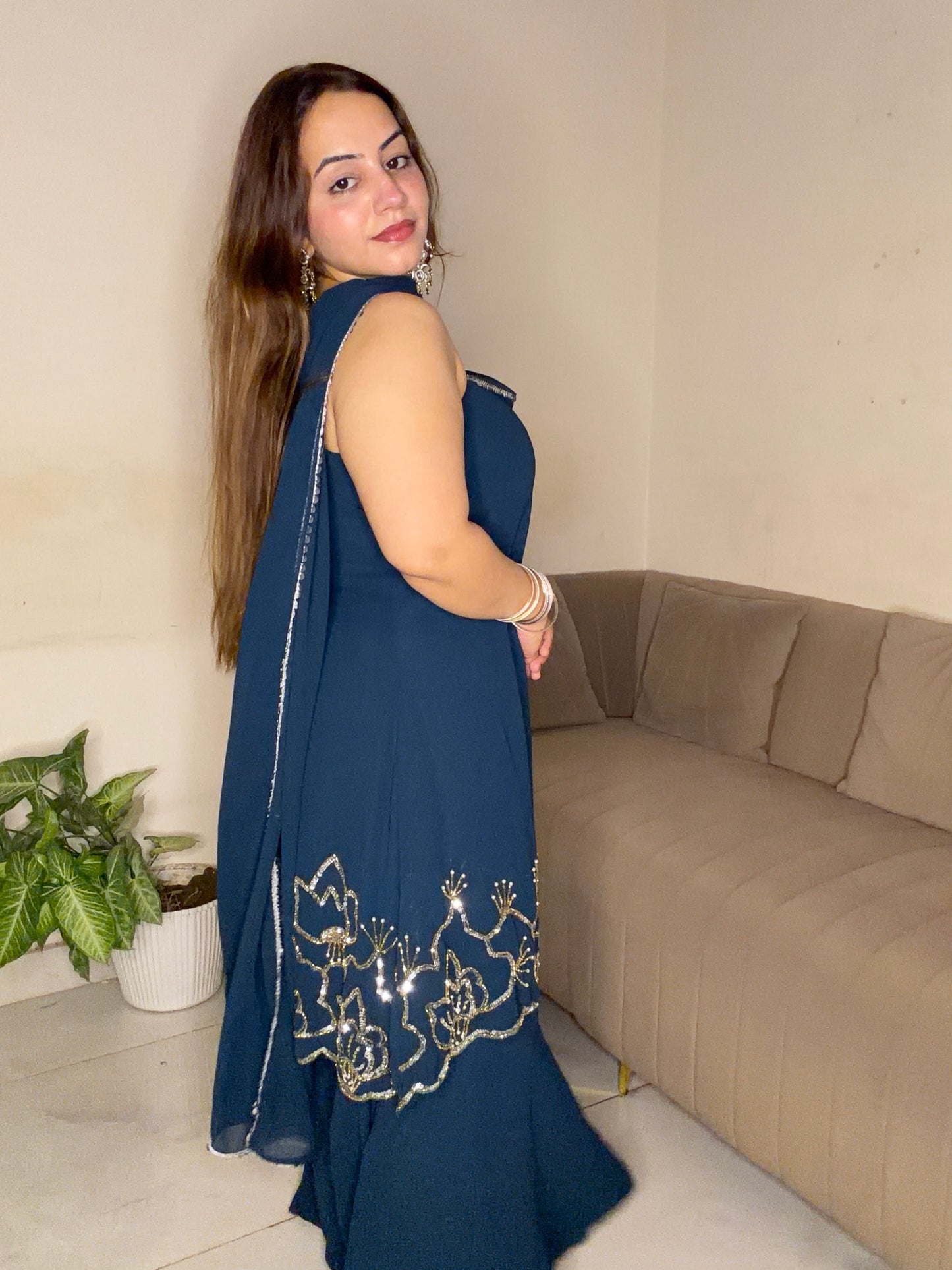 Navy Blue Embroidered Sharara Set