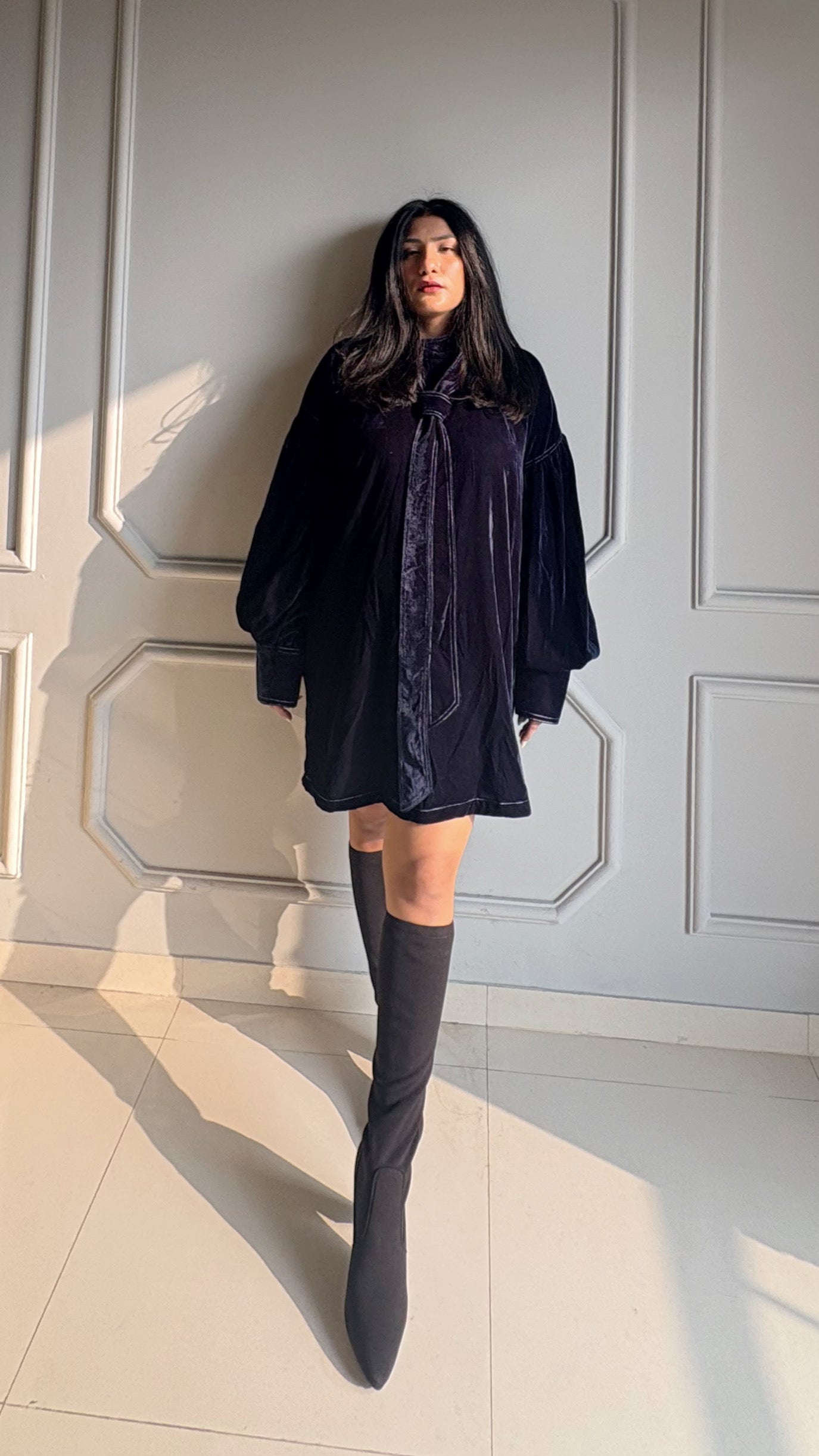 Velvet Tie-Neck Winter Dress for Women