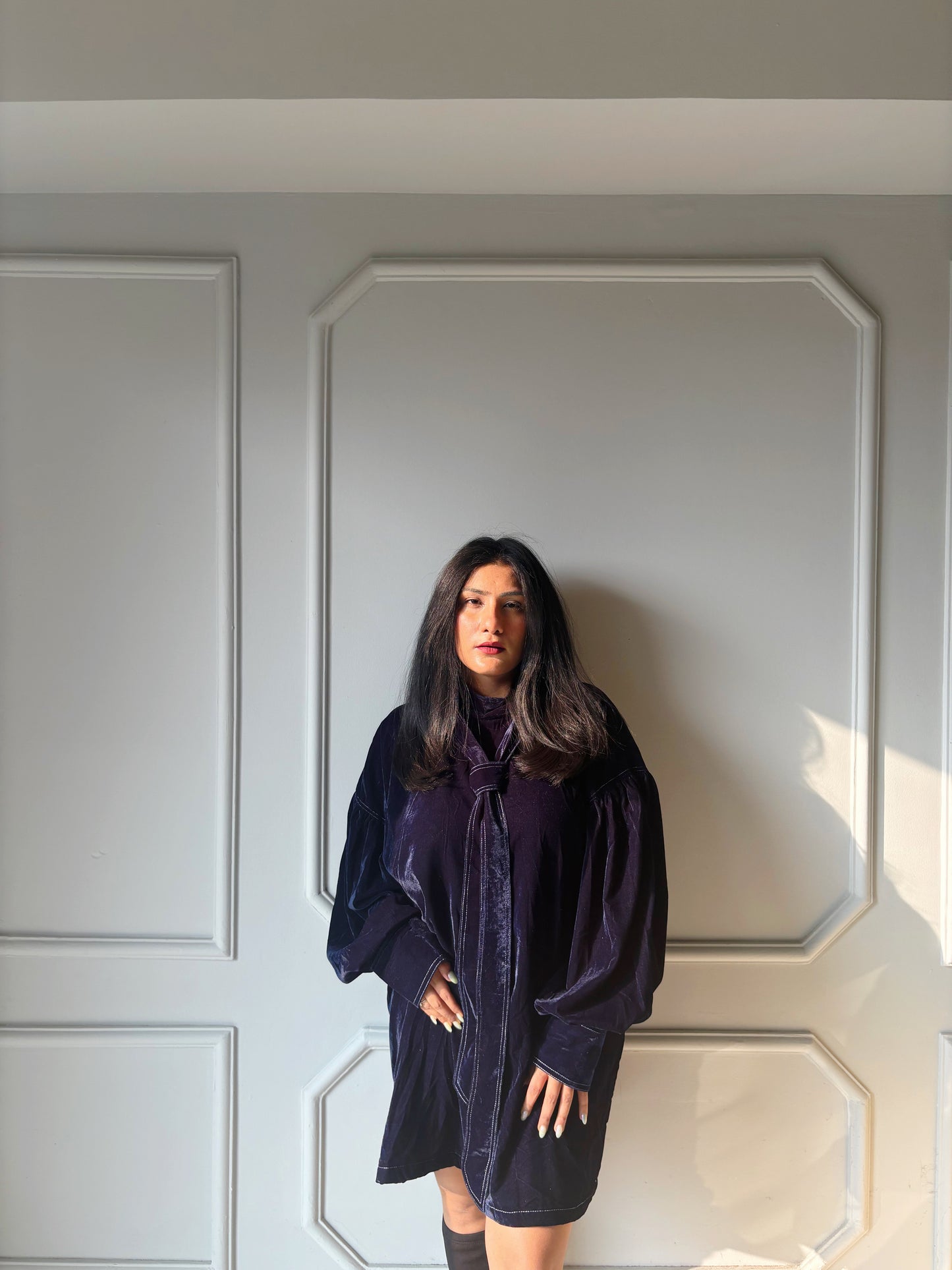 Velvet Tie-Neck Winter Dress for Women