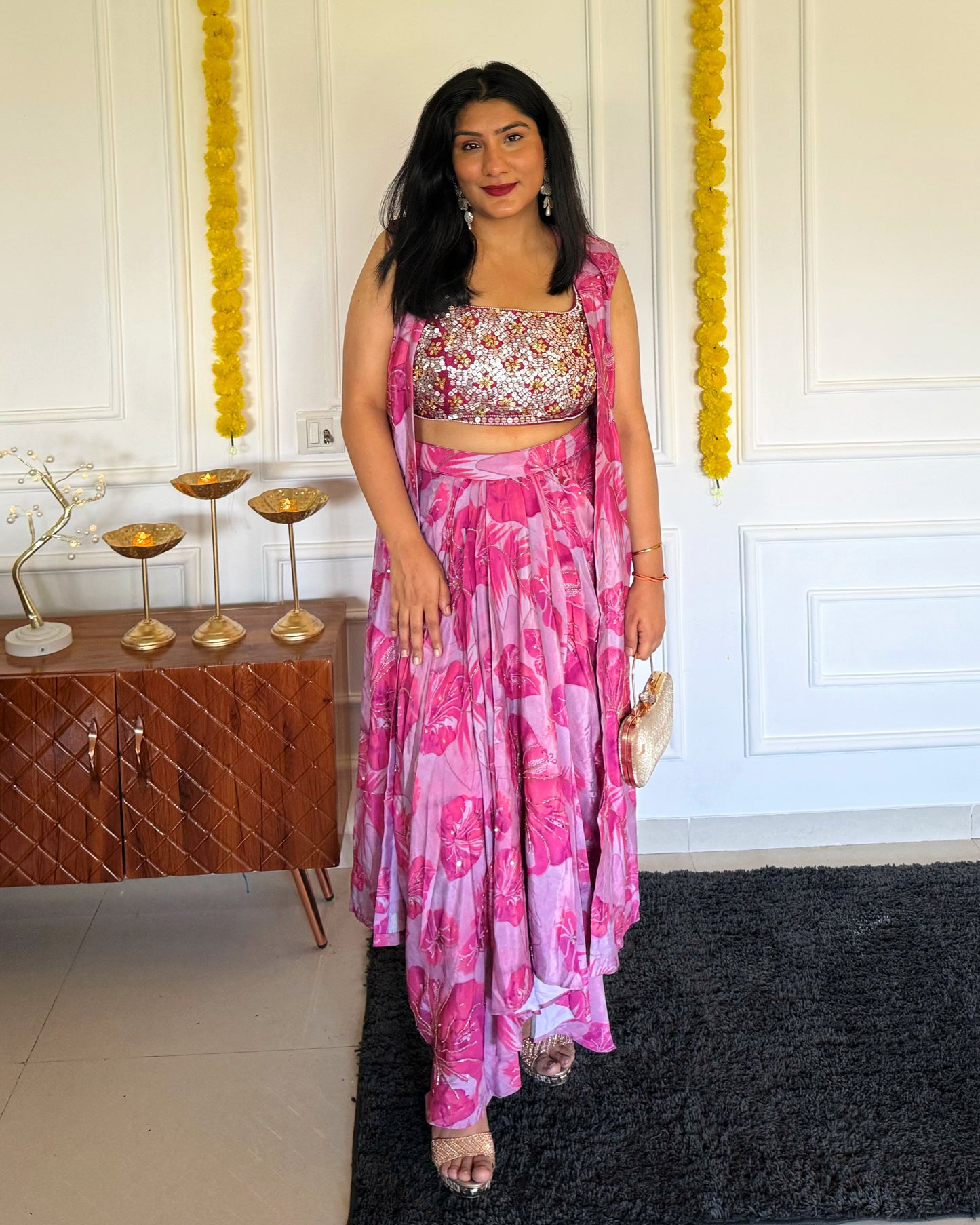 Lilac Luxe – Floral Print Dhoti Skirt & Sequin Blouse Co-ord