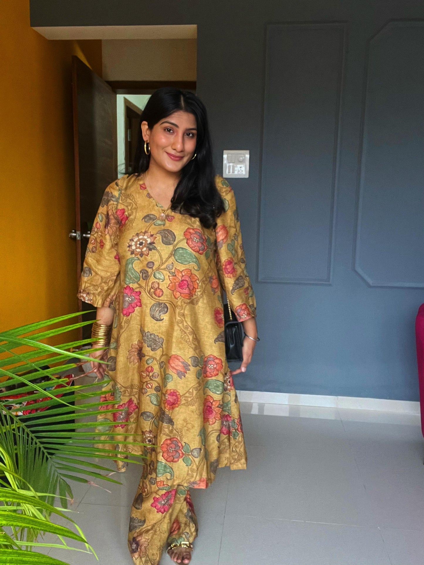 Linen Organza Mustard Kurta Set