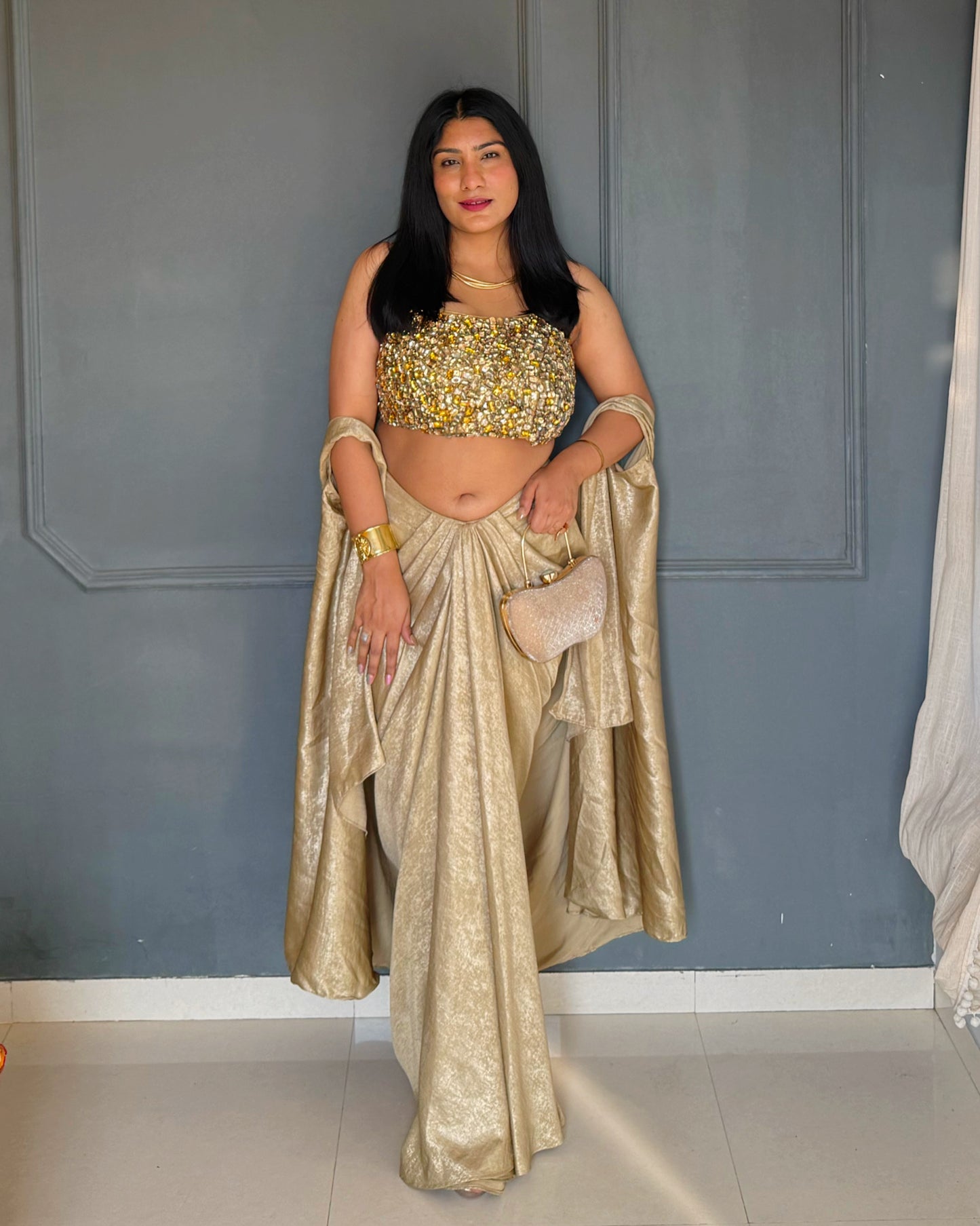 Molten Golden Set – Embellished Blouse, Drape Skirt & Matching Shrug