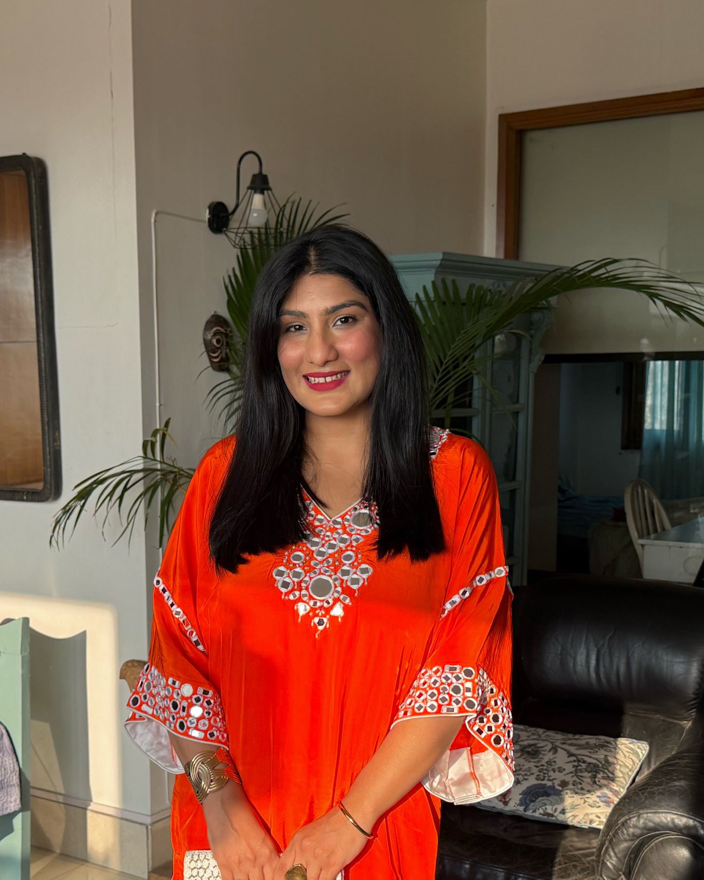Orange Embroidered Kaftan Kurta Set