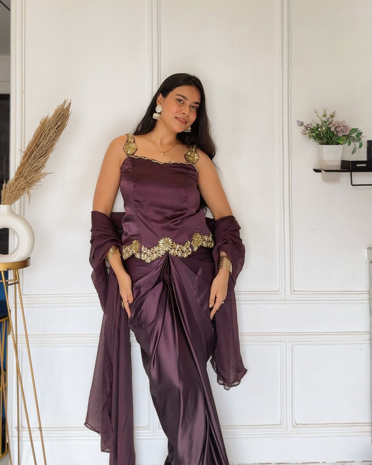 Plum Embroidered Top with Draped Skirt & Organza Dupatta Set