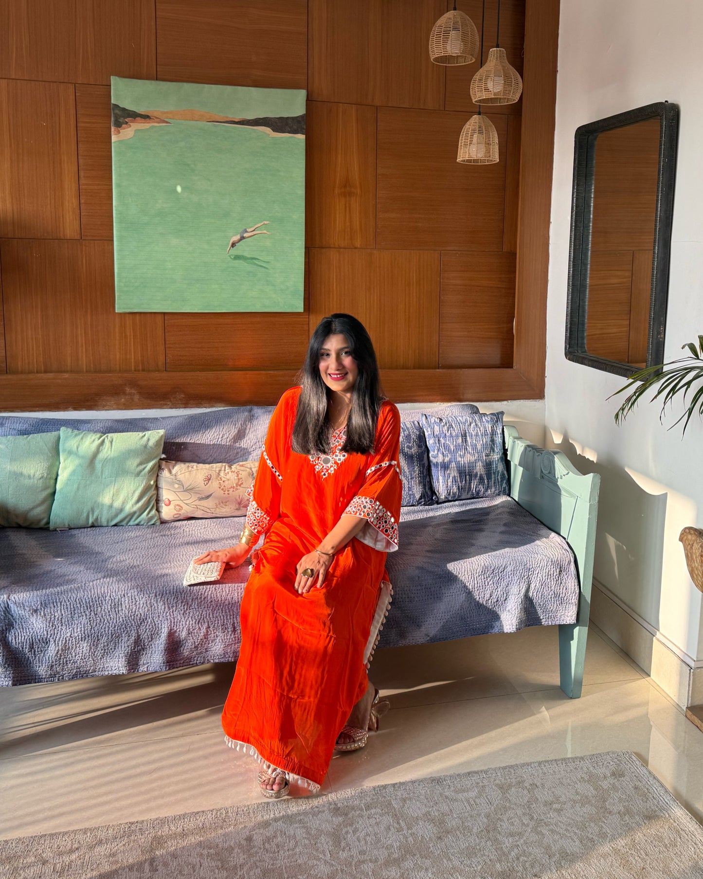 Orange Embroidered Kaftan Kurta Set