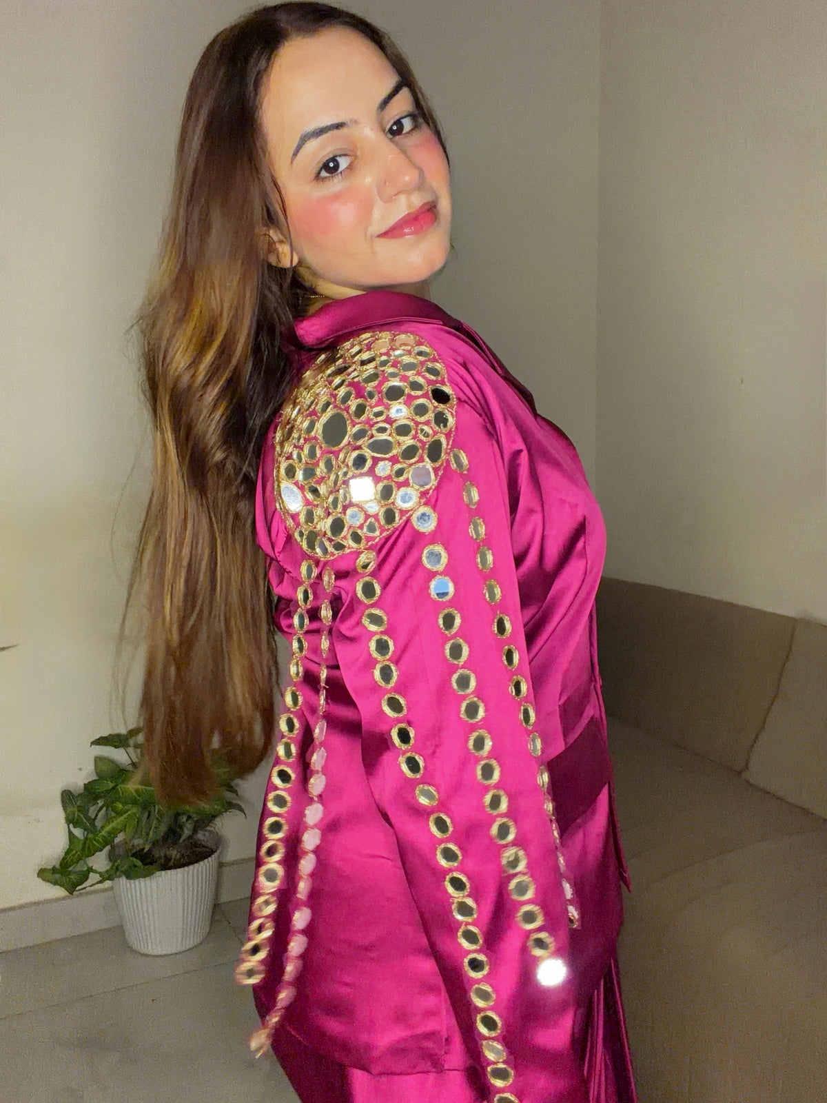 Fuchsia Mirror Work Satin Co-ord Set