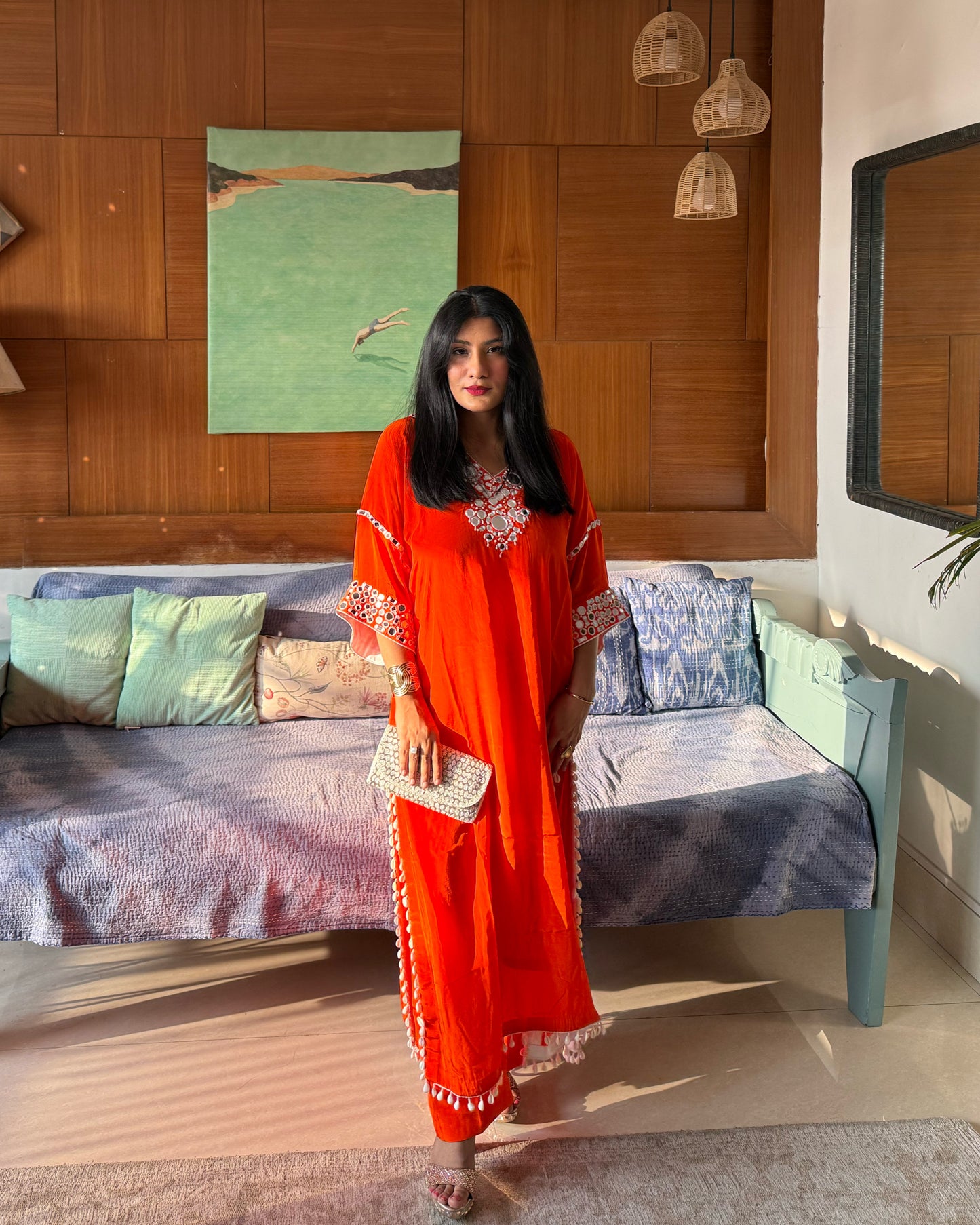 Orange Embroidered Kaftan Kurta Set