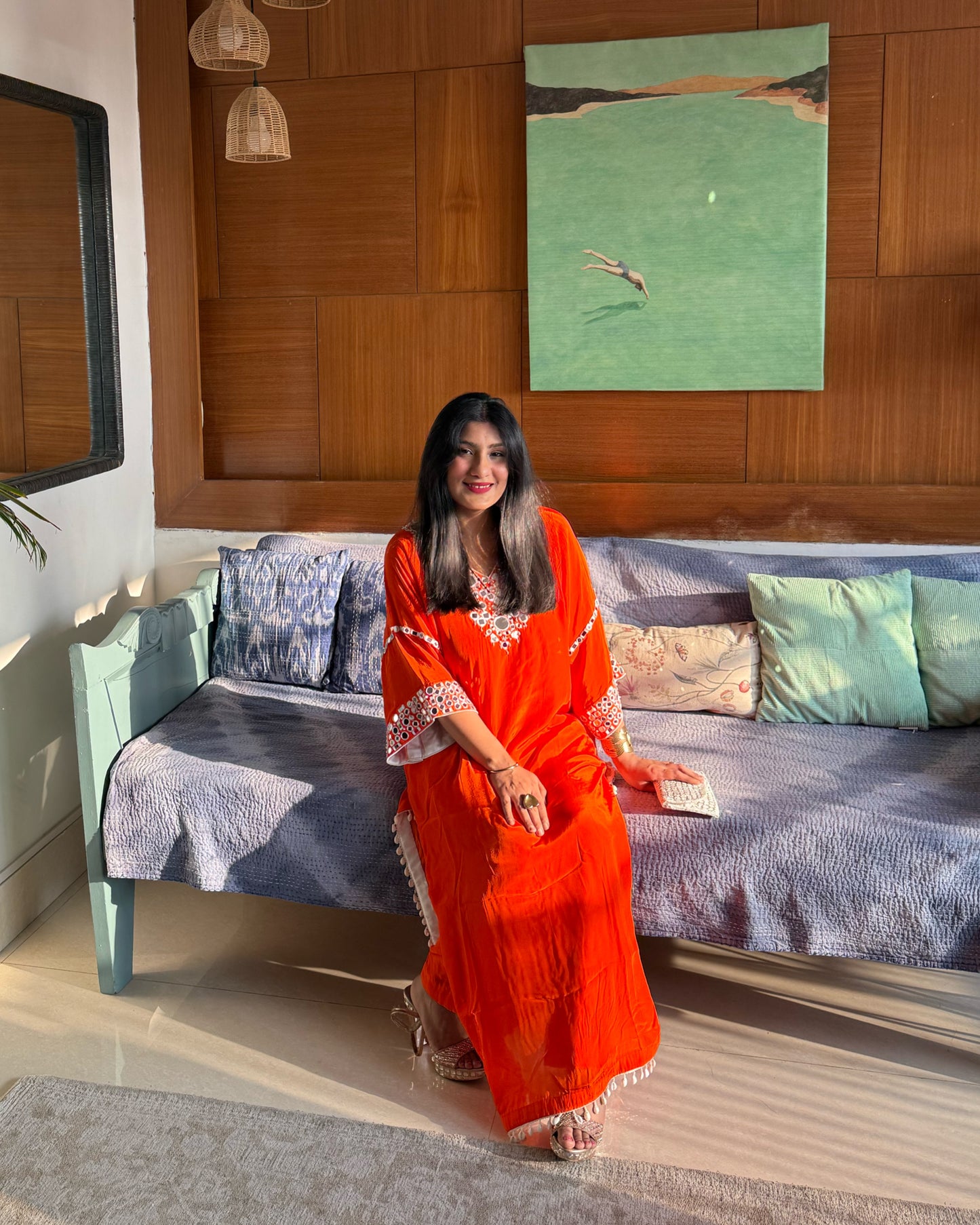 Orange Embroidered Kaftan Kurta Set