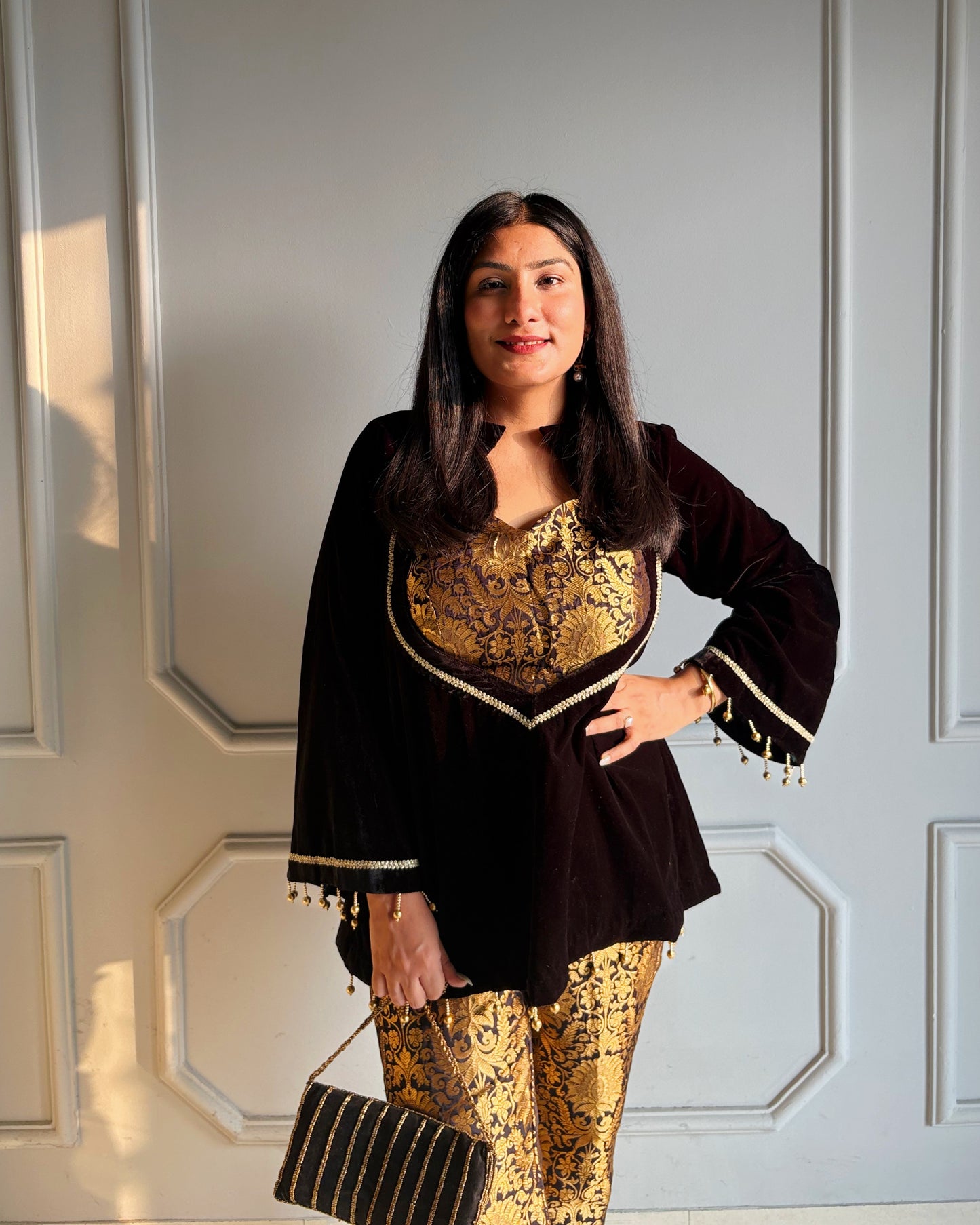 Black & Gold Brocade Kurta Set