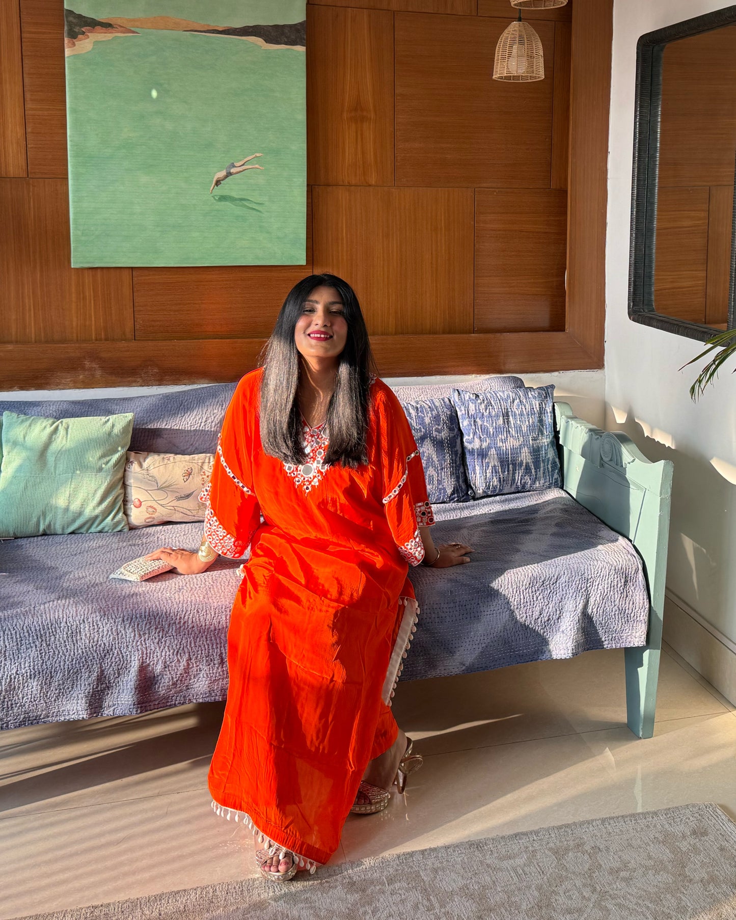 Orange Embroidered Kaftan Kurta Set