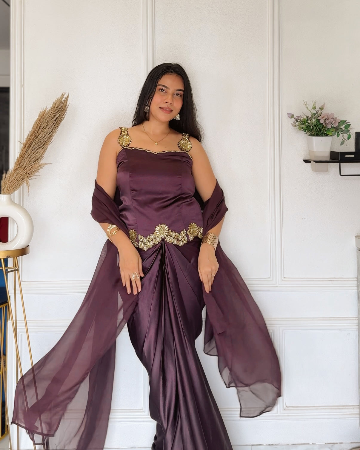 Plum Embroidered Top with Draped Skirt & Organza Dupatta Set