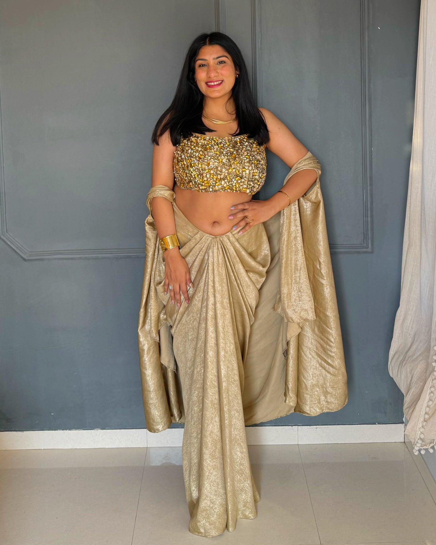 Molten Golden Set – Embellished Blouse, Drape Skirt & Matching Shrug