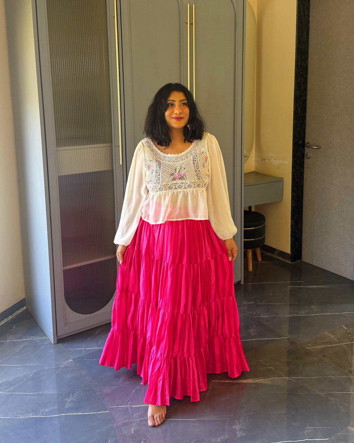 Hot Pink Tiered Flowy Skirt – Statement Cotton Maxi Skirt for Women