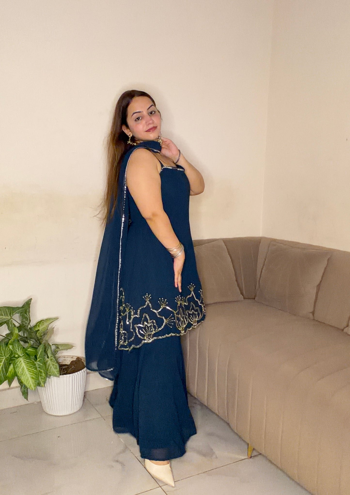 Navy Blue Embroidered Sharara Set