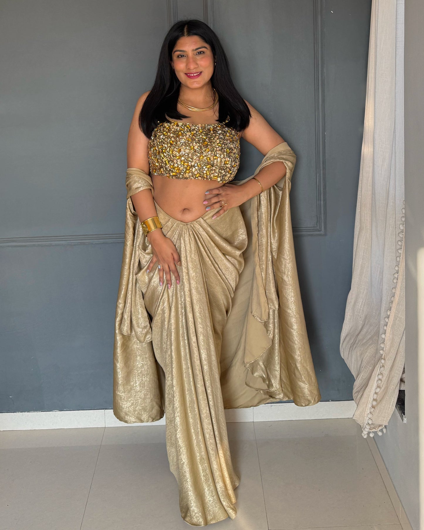 Molten Golden Set – Embellished Blouse, Drape Skirt & Matching Shrug