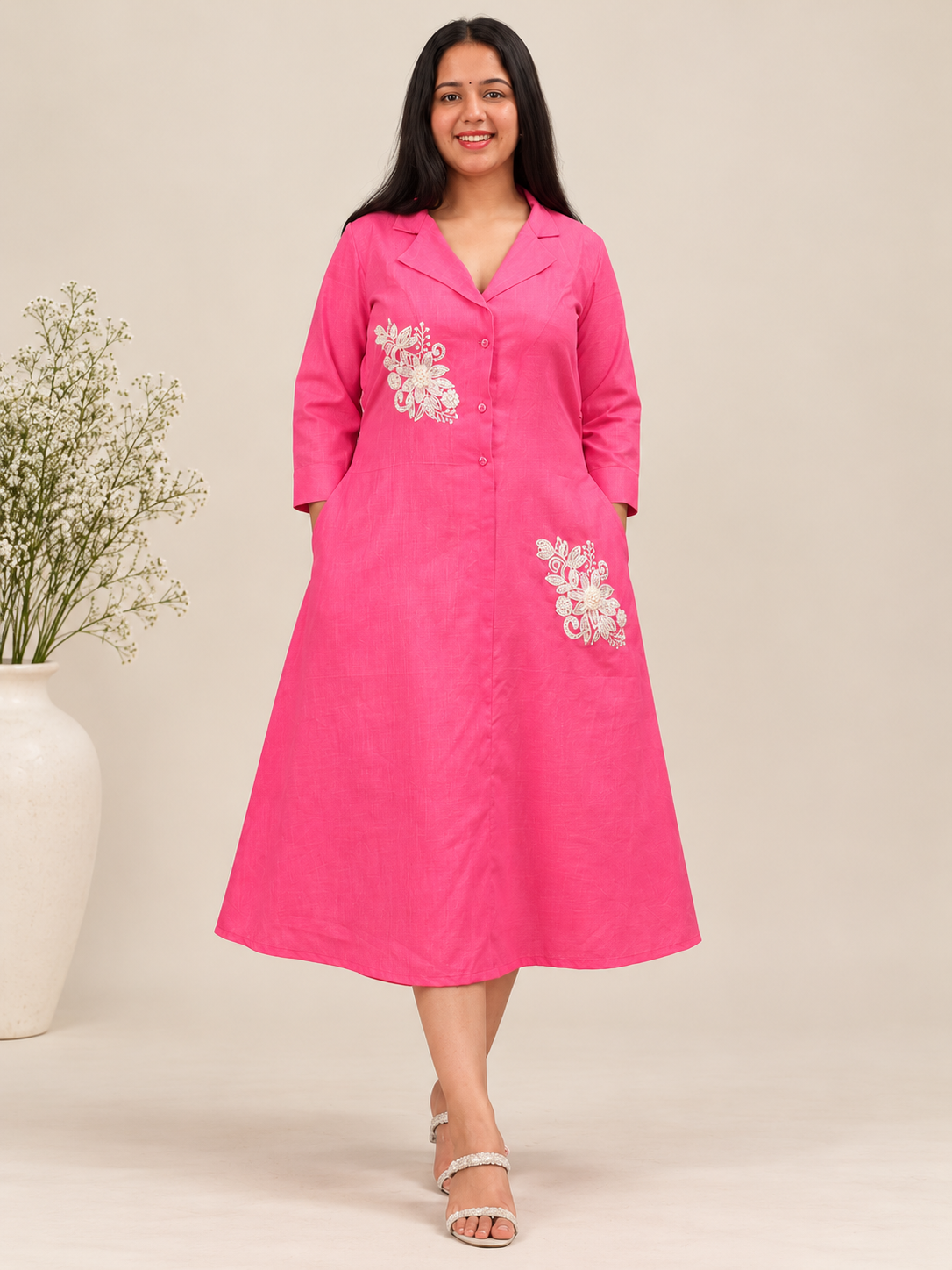 The Pankhuri Dress – Light Pink Embroidered A-Line Dress