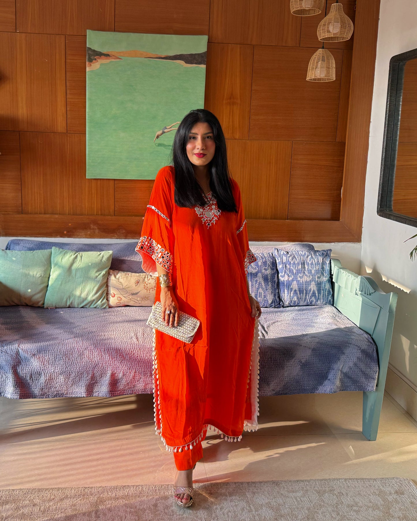 Orange Embroidered Kaftan Kurta Set