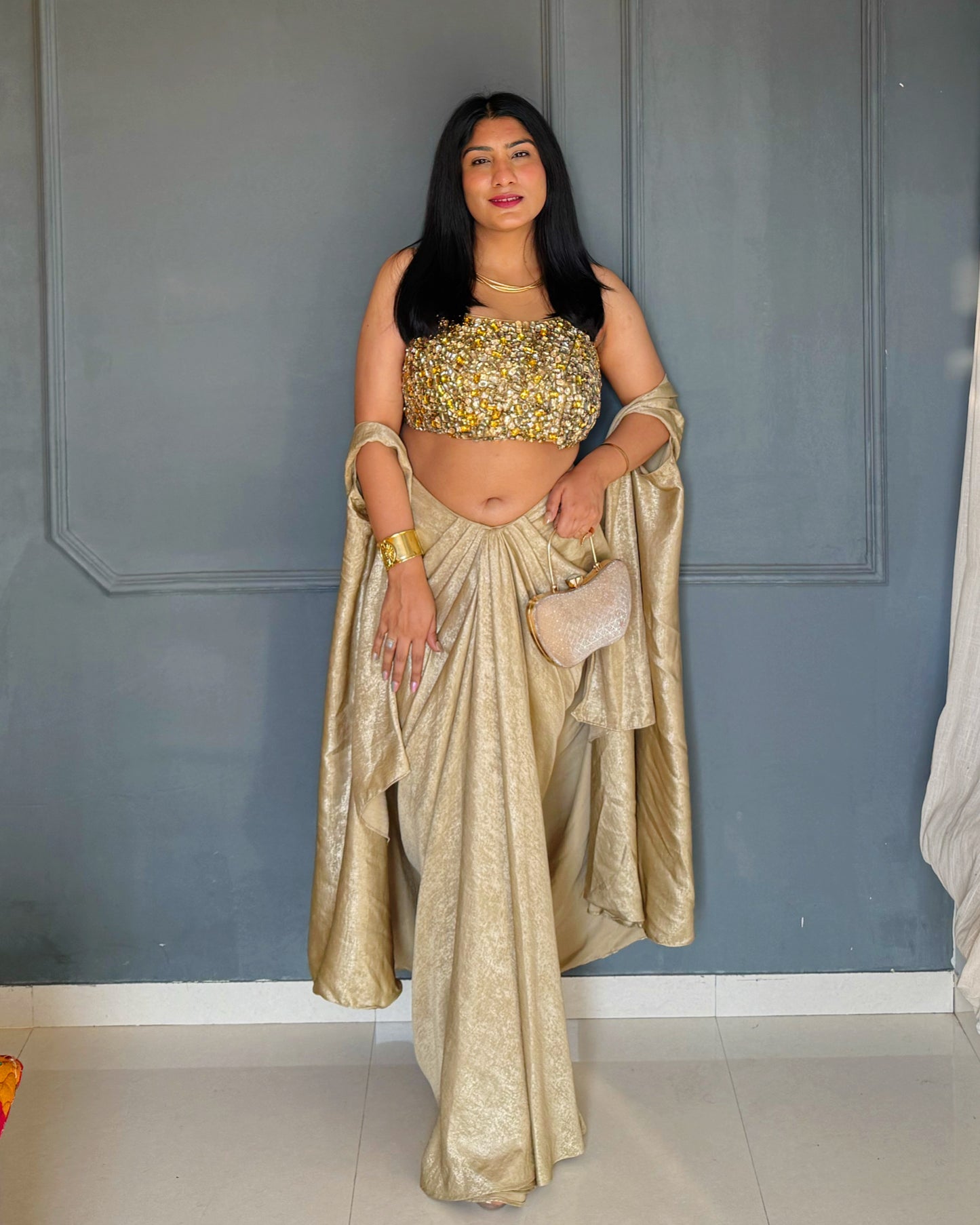 Molten Golden Set – Embellished Blouse, Drape Skirt & Matching Shrug