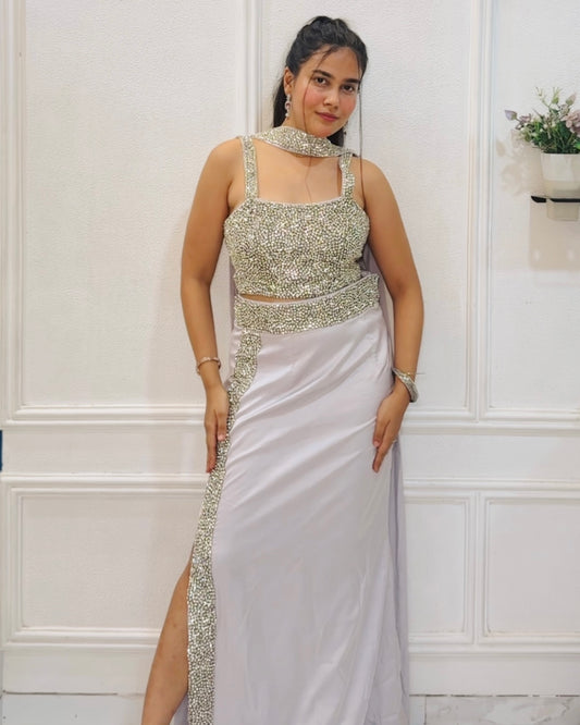 Silver Embellished Draped Skirt Set | Wedding & Party Wear