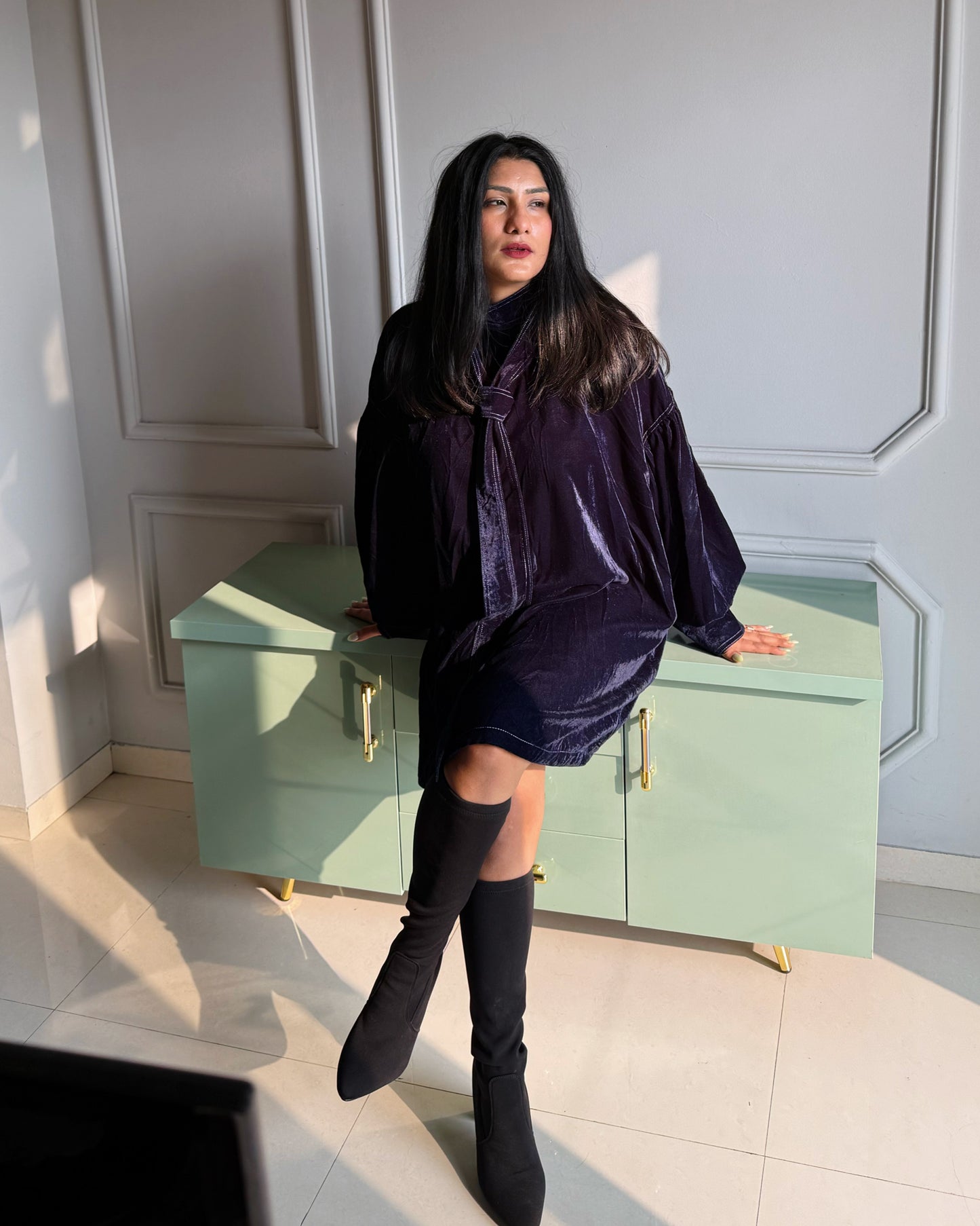 Velvet Tie-Neck Winter Dress for Women