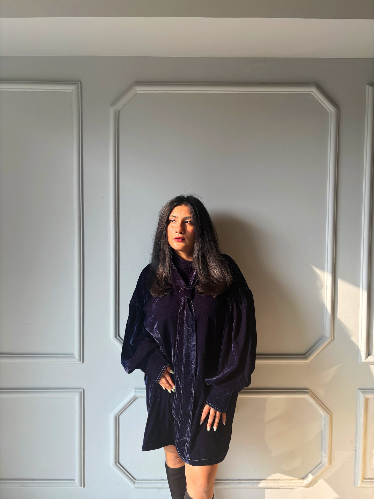 Velvet Tie-Neck Winter Dress for Women