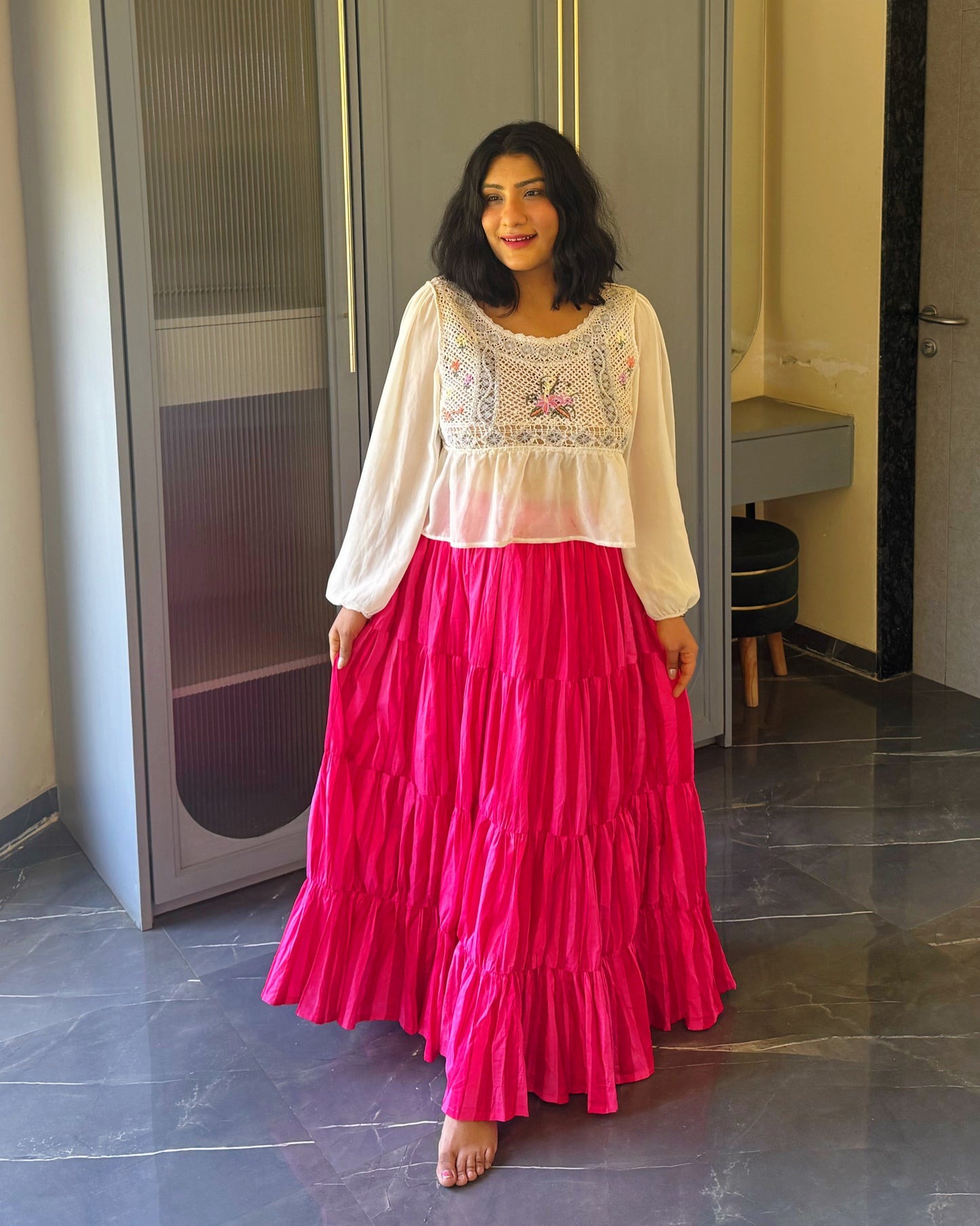 Hot Pink Tiered Flowy Skirt – Statement Cotton Maxi Skirt for Women