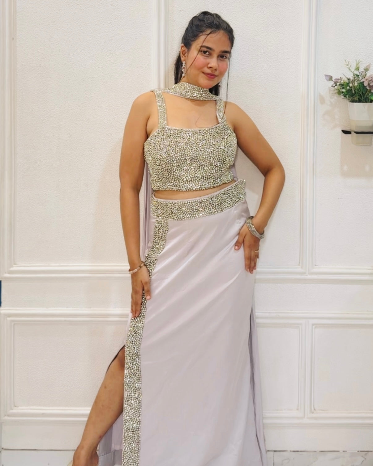 Silver Embellished Draped Skirt Set | Wedding & Party Wear