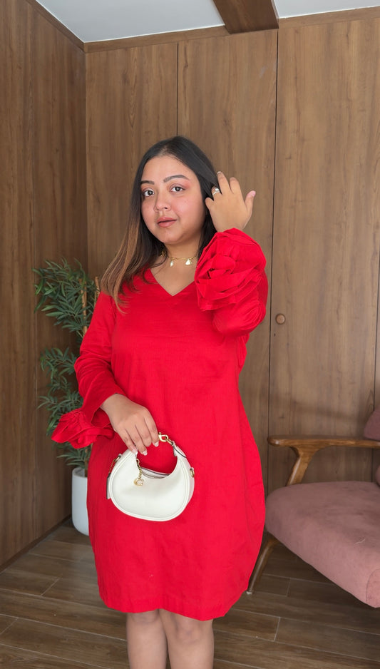 Red V-Neck Floral Sleeve Mini Dress for Women