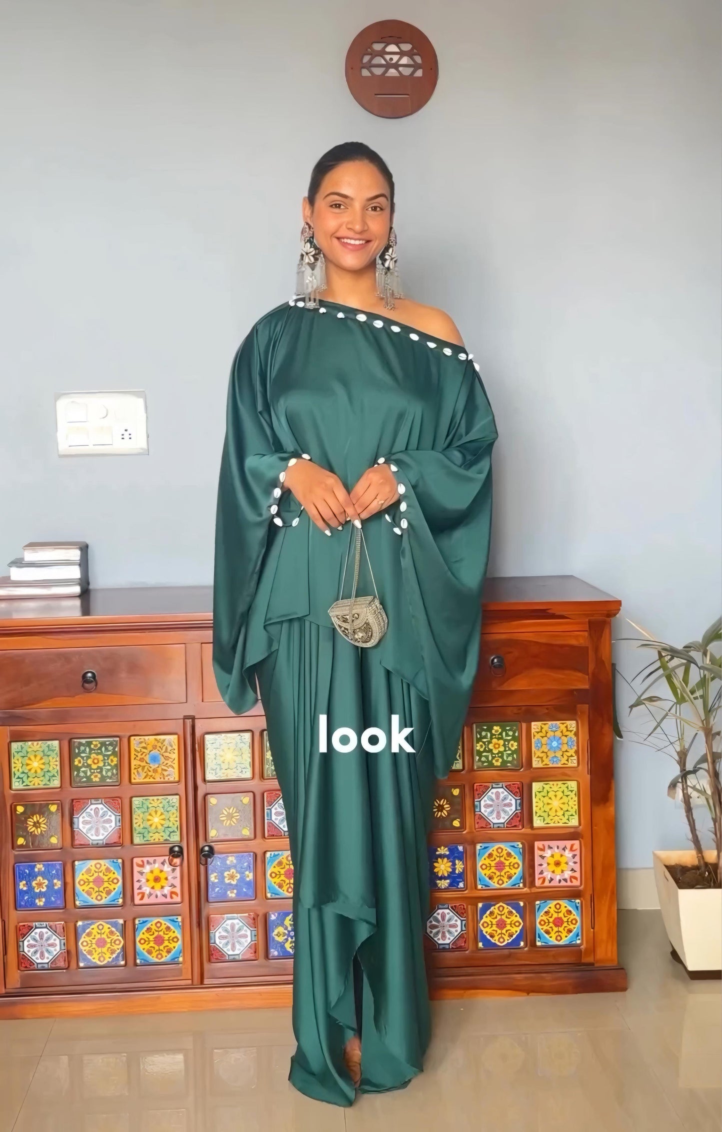 Royal Green Drape Dhoti Skirt With Oversized Shellwork Top