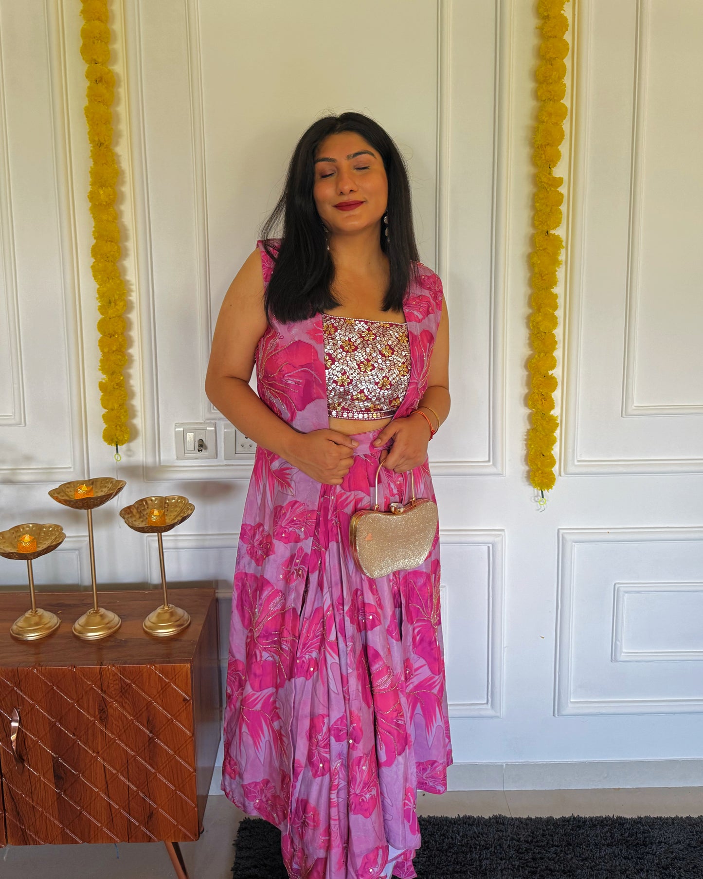 Lilac Luxe – Floral Print Dhoti Skirt & Sequin Blouse Co-ord