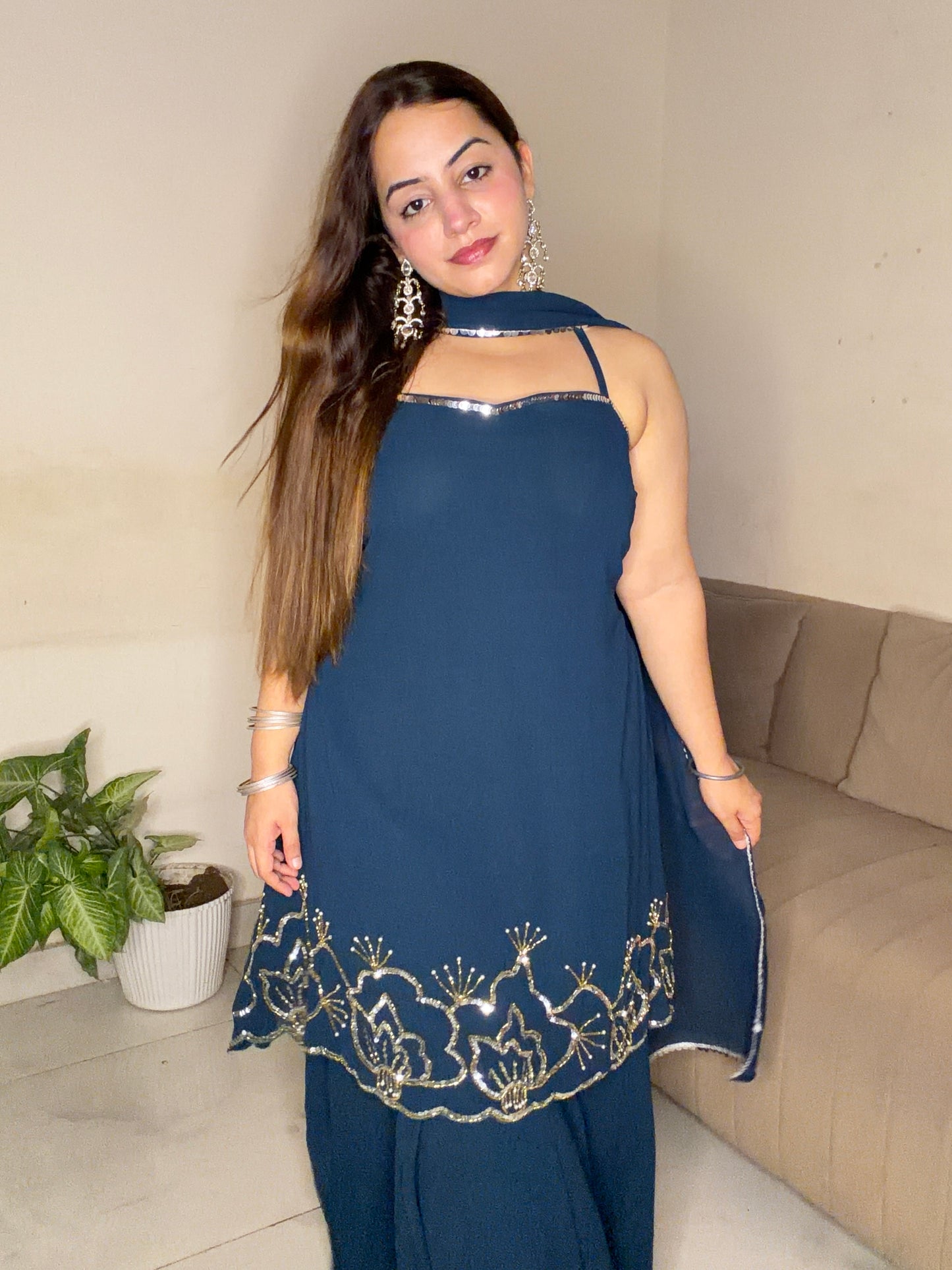 Navy Blue Embroidered Sharara Set